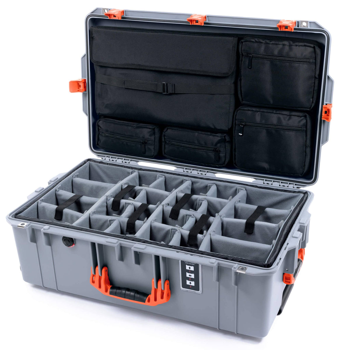 Pelican 1595 Air Case, Silver with Orange Handles &amp; Push-Button Latches Gray Padded Microfiber Dividers with Laptop Computer Lid Pouch ColorCase 015950-0270-180-150