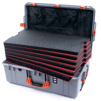 Pelican 1595 Air Case, Silver with Orange Handles & Push-Button Latches Custom Tool Kit (6 Foam Inserts with Mesh Lid Organizer) ColorCase 015950-0160-180-150