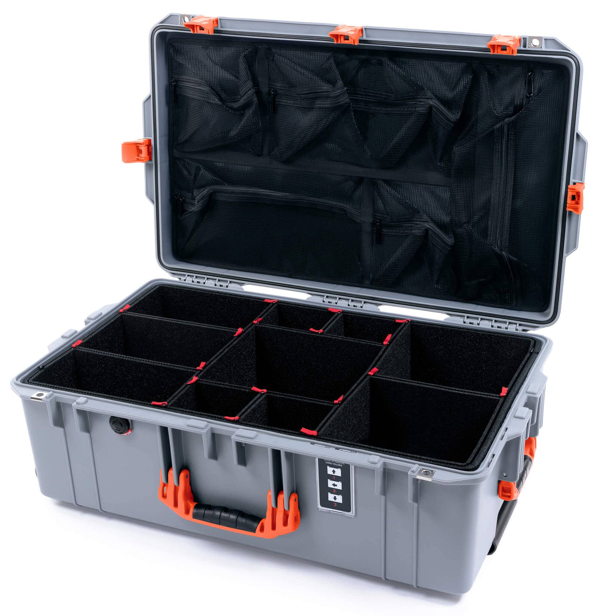 Pelican 1595 Air Case, Silver with Orange Handles &amp; Push-Button Latches TrekPak Divider System with Mesh Lid Organizer ColorCase 015950-0180-180-150