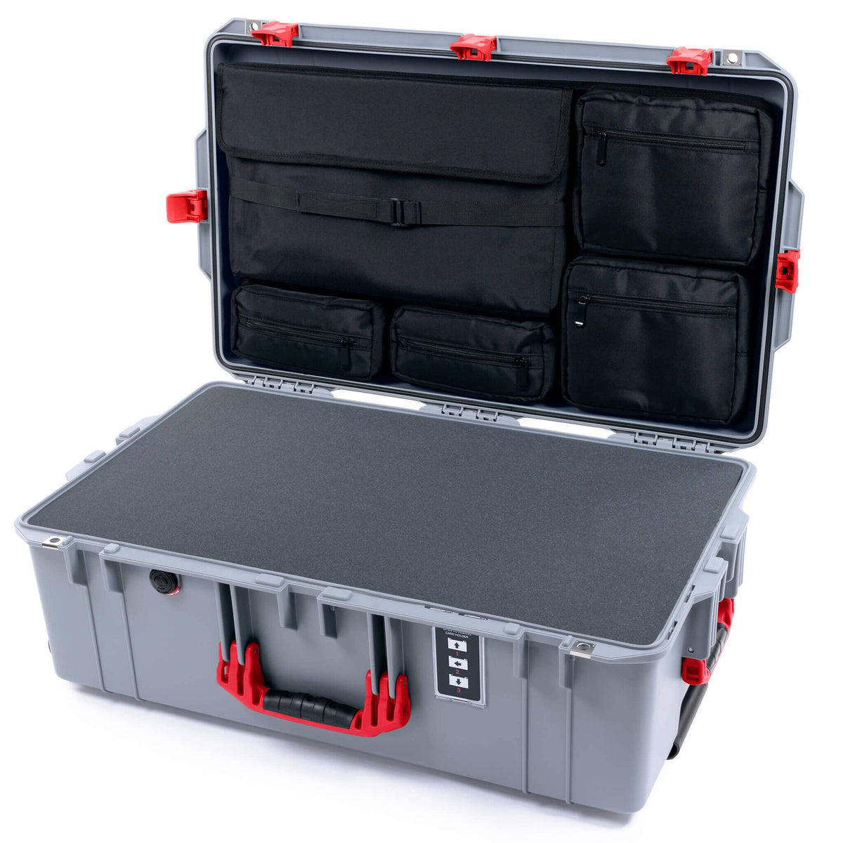 Pelican 1595 Air Case, Silver with Red Handles &amp; Push-Button Latches Pick &amp; Pluck Foam with Laptop Computer Lid Pouch ColorCase 015950-0201-180-321