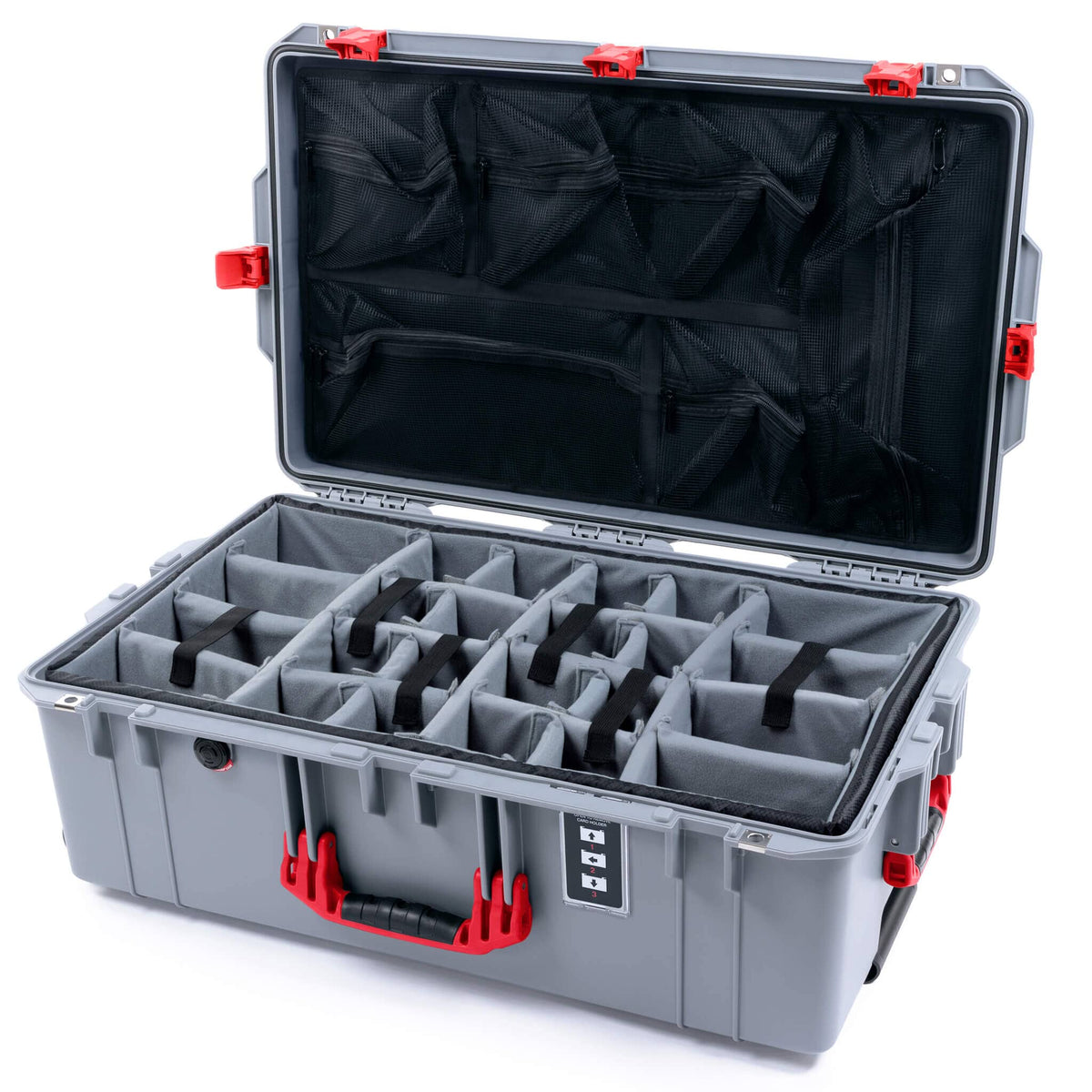 Pelican 1595 Air Case, Silver with Red Handles &amp; Push-Button Latches Gray Padded Microfiber Dividers with Mesh Lid Organizer ColorCase 015950-0170-180-321