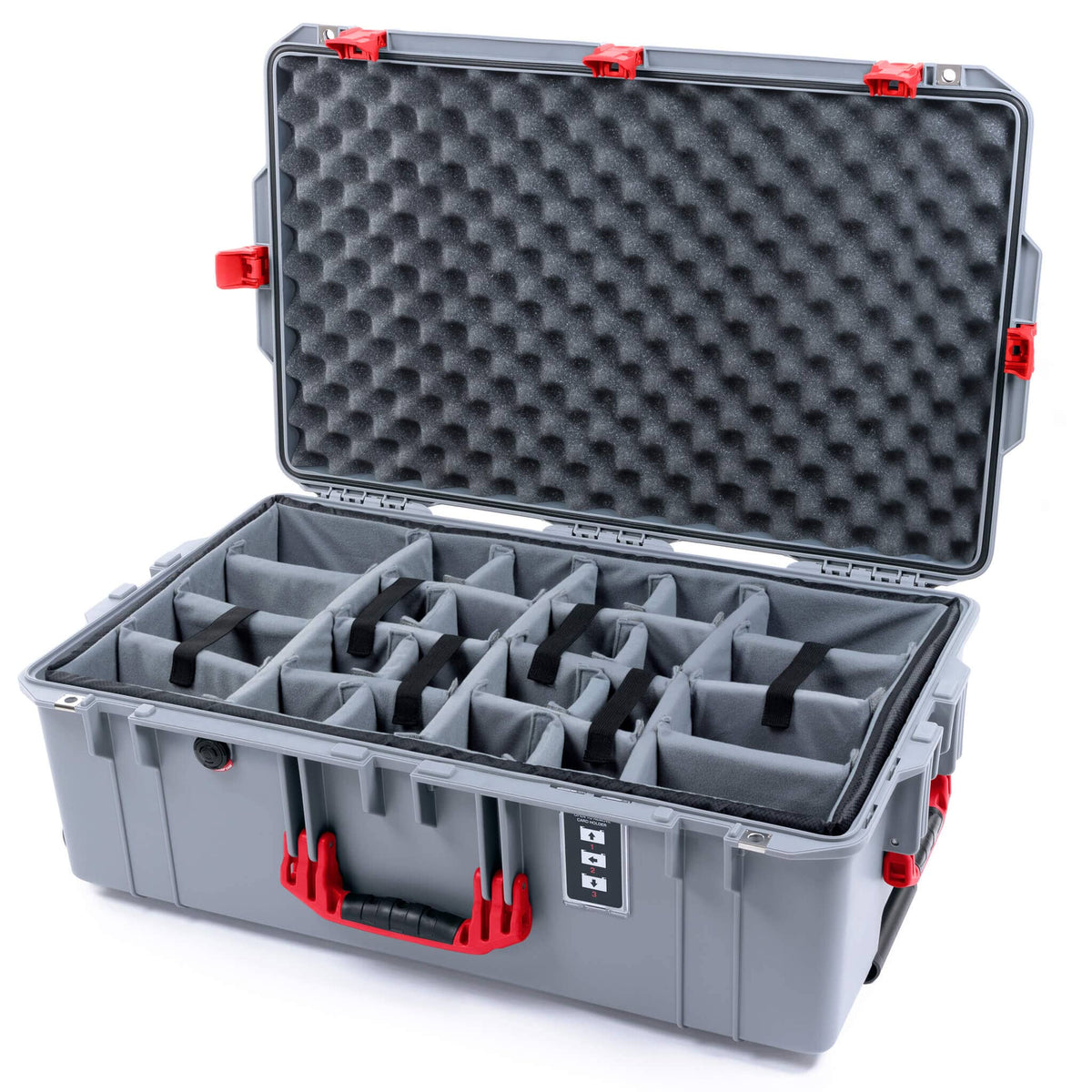 Pelican 1595 Air Case, Silver with Red Handles &amp; Push-Button Latches Gray Padded Microfiber Dividers with Convoluted Lid Foam ColorCase 015950-0070-180-321