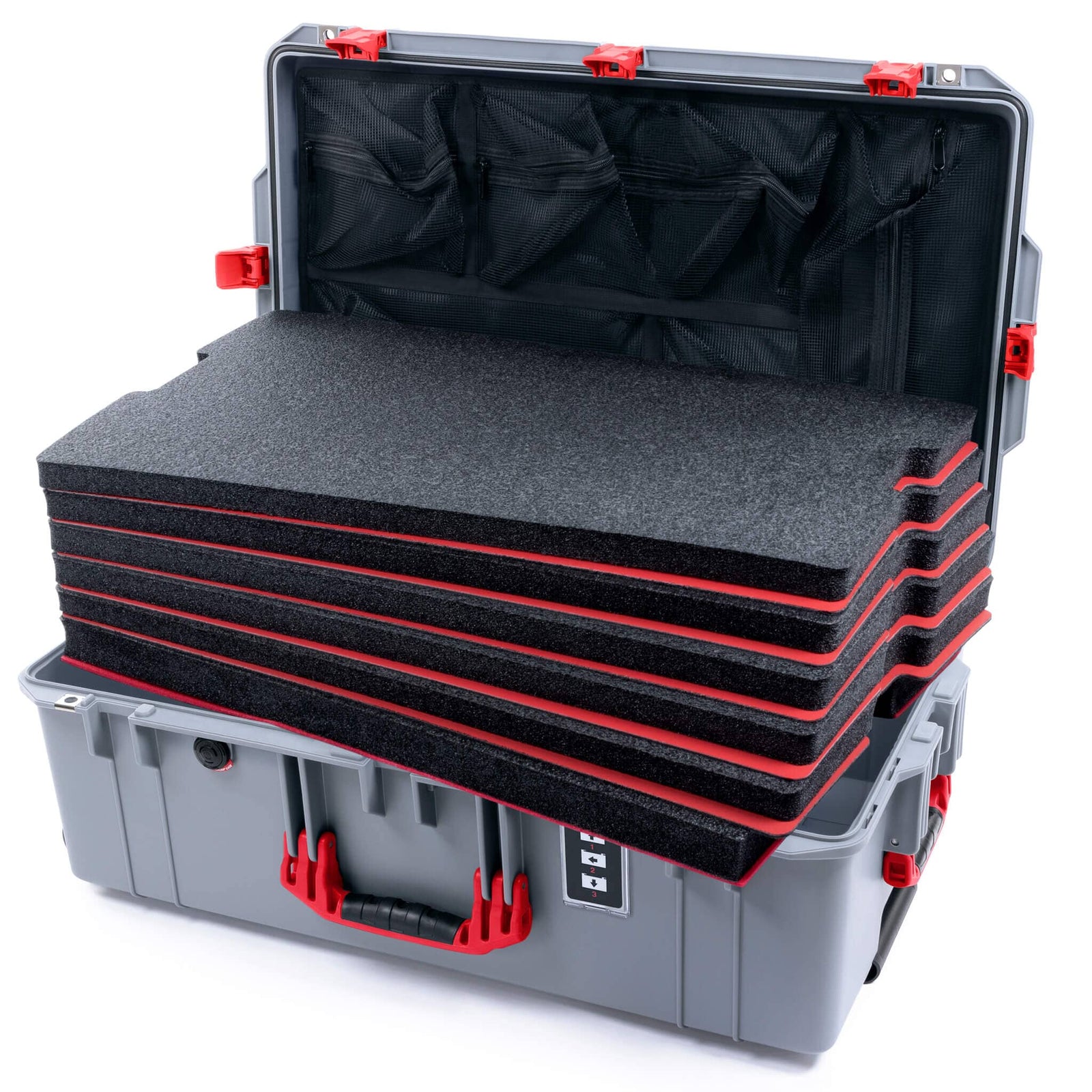 Pelican 1595 Air Case, Silver with Red Handles & Push-Button Latches Custom Tool Kit (6 Foam Inserts with Mesh Lid Organizer) ColorCase 015950-0160-180-321