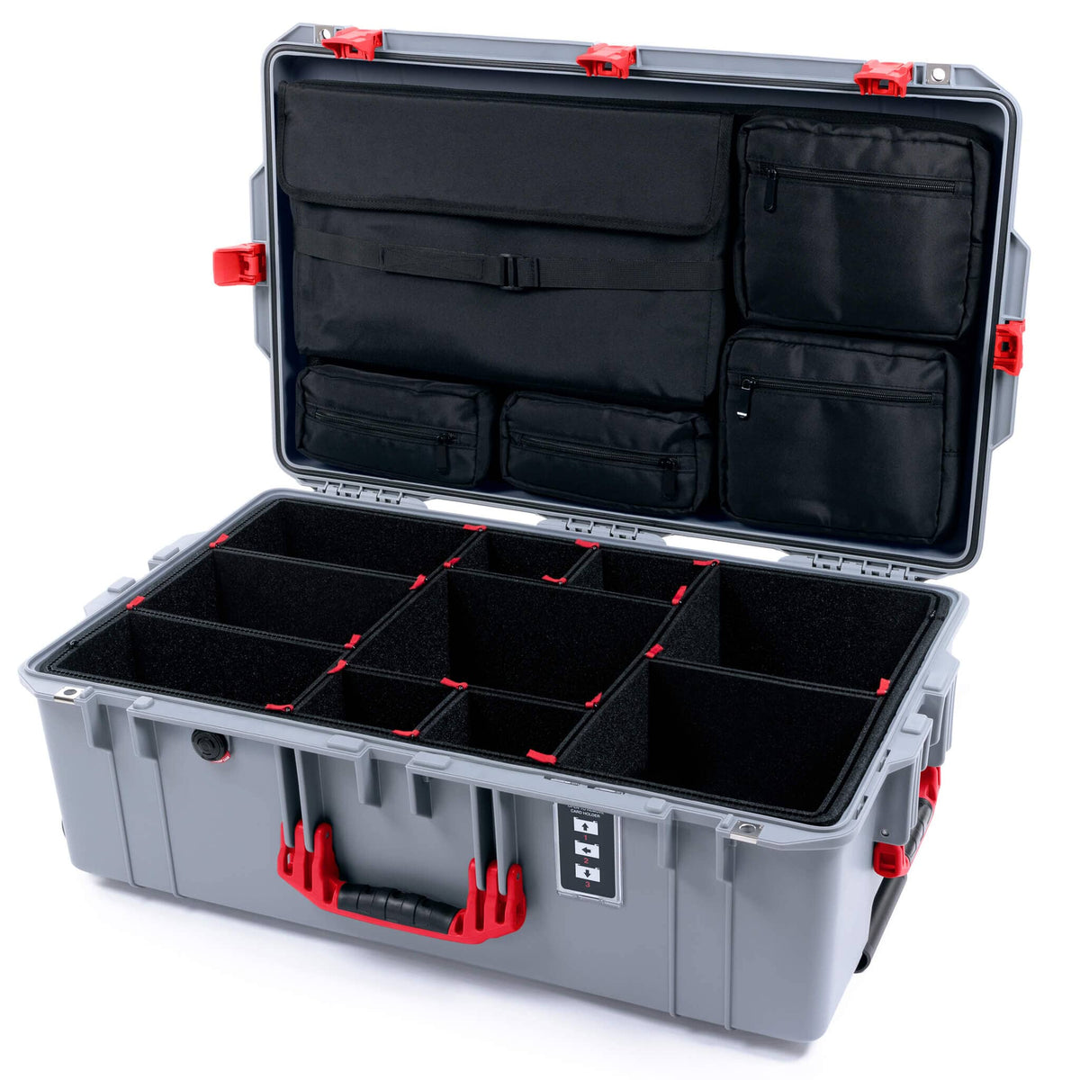Pelican 1595 Air Case, Silver with Red Handles &amp; Push-Button Latches TrekPak Divider System with Laptop Computer Lid Pouch ColorCase 015950-0220-180-321