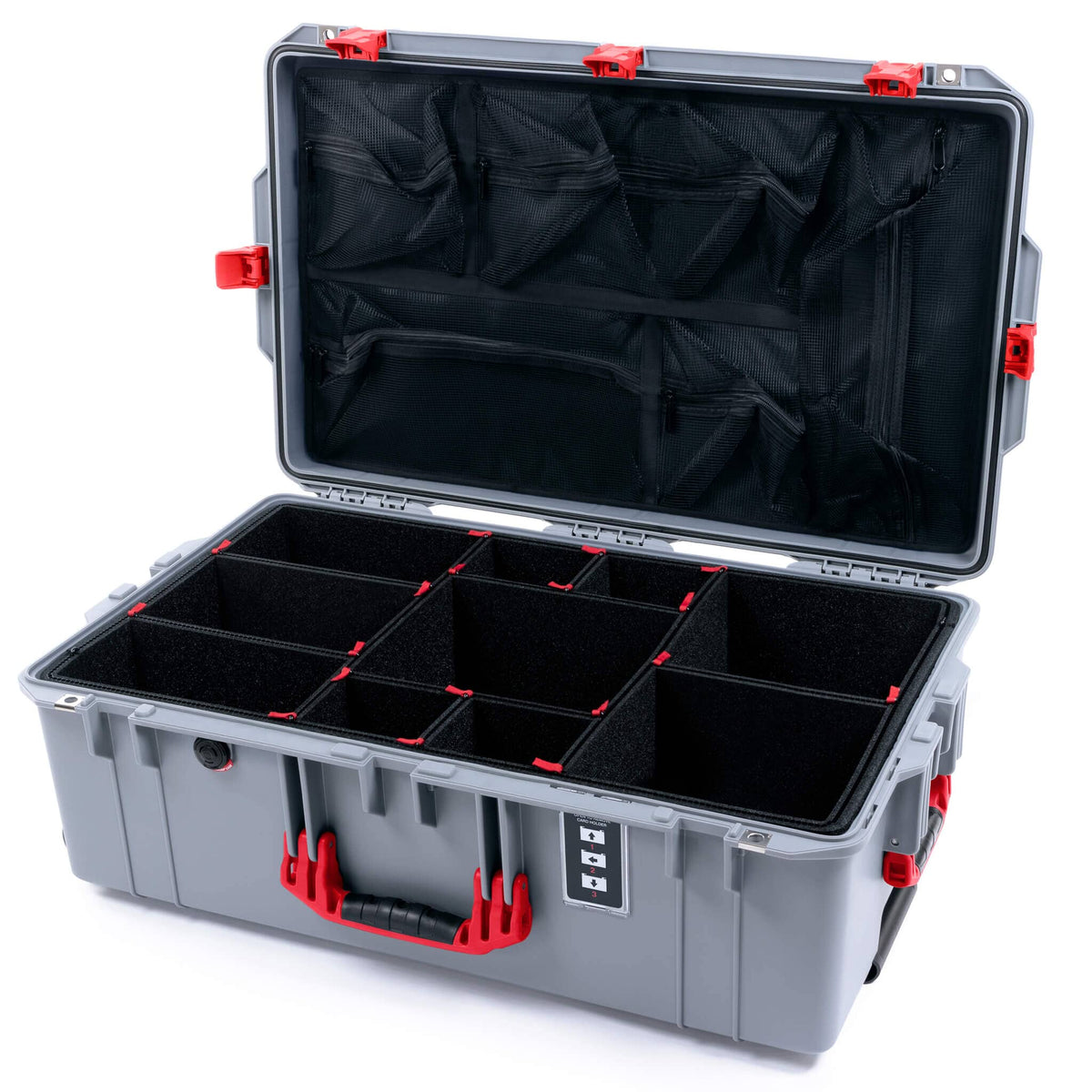 Pelican 1595 Air Case, Silver with Red Handles &amp; Push-Button Latches TrekPak Divider System with Mesh Lid Organizer ColorCase 015950-0120-180-321