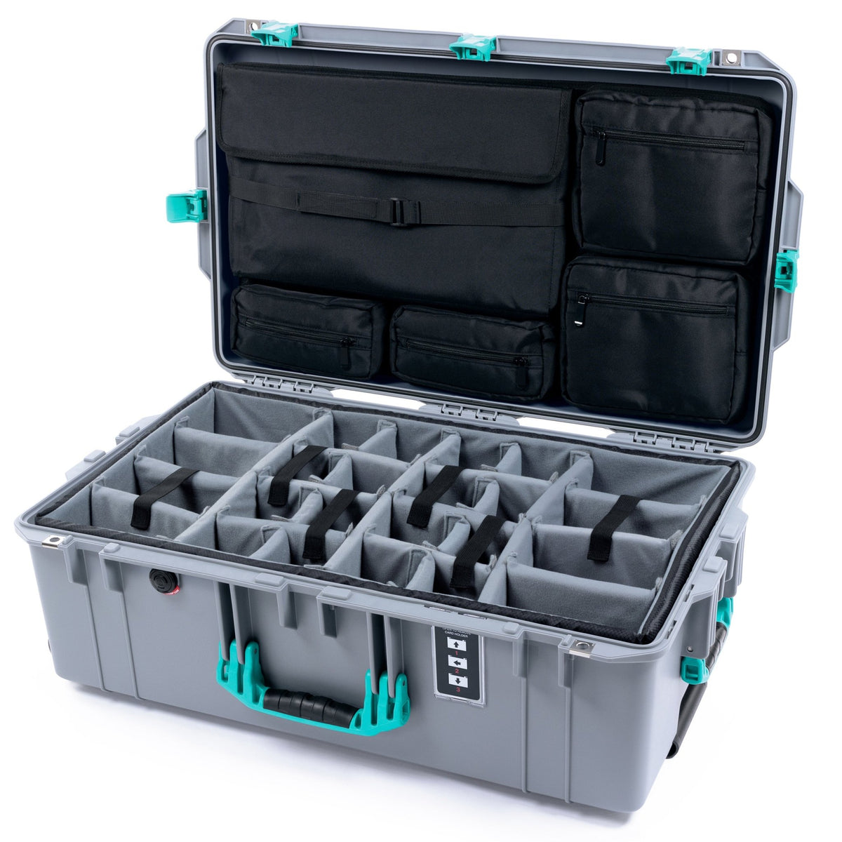 Pelican 1595 Air Case - Silver & Teal - Padded Microfiber Dividers / Computer Lid Pouch