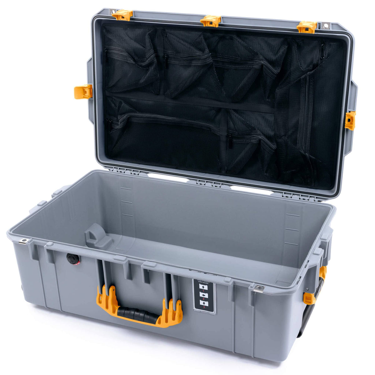 Pelican 1595 Air Case, Silver with Yellow Handles &amp; Push-Button Latches Mesh Lid Organizer Only ColorCase 015950-0100-180-240