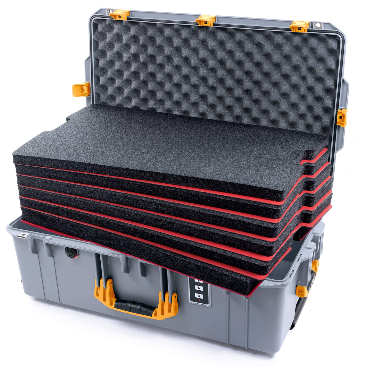 Pelican 1595 Air Case, Silver with Yellow Handles &amp; Push-Button Latches Custom Tool Kit (6 Foam Inserts with Convoluted Lid Foam) ColorCase 015950-0060-180-240