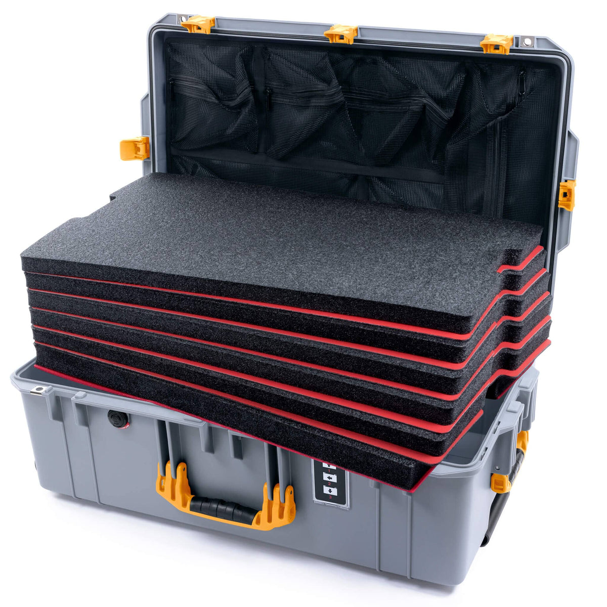 Pelican 1595 Air Case, Silver with Yellow Handles &amp; Push-Button Latches Custom Tool Kit (6 Foam Inserts with Mesh Lid Organizer) ColorCase 015950-0160-180-240