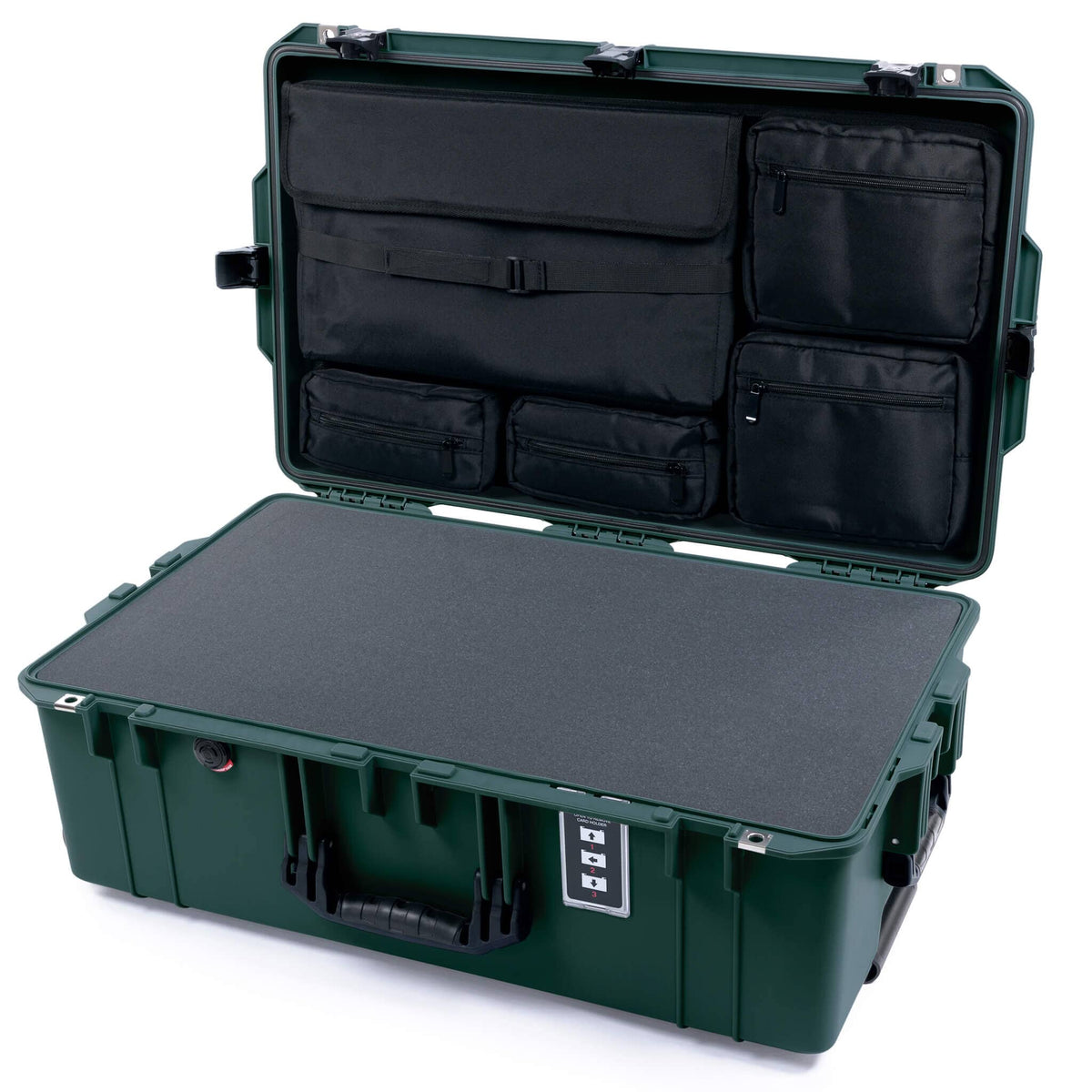 Pelican 1595 Air Case, Trekking Green with Black Handles &amp; TSA Locking Latches Pick &amp; Pluck Foam with Laptop Computer Lid Pouch ColorCase 015950-0201-560-L10