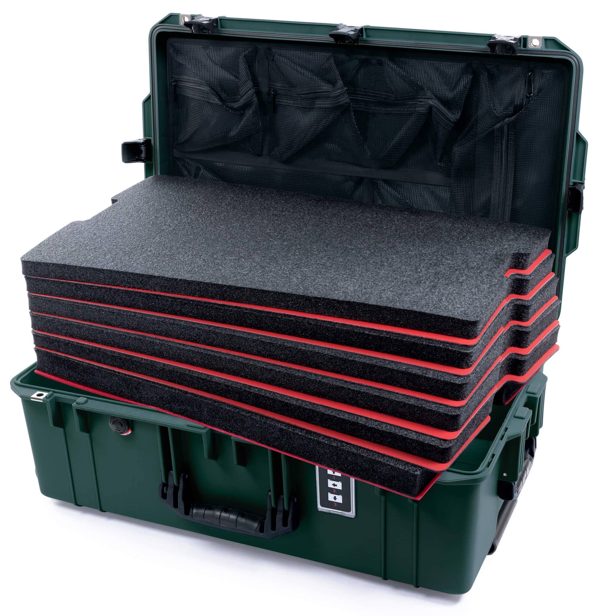 Pelican 1595 Air Case, Trekking Green with Black Handles & TSA Locking Latches Custom Tool Kit (6 Foam Inserts with Mesh Lid Organizer) ColorCase 015950-0160-560-L10