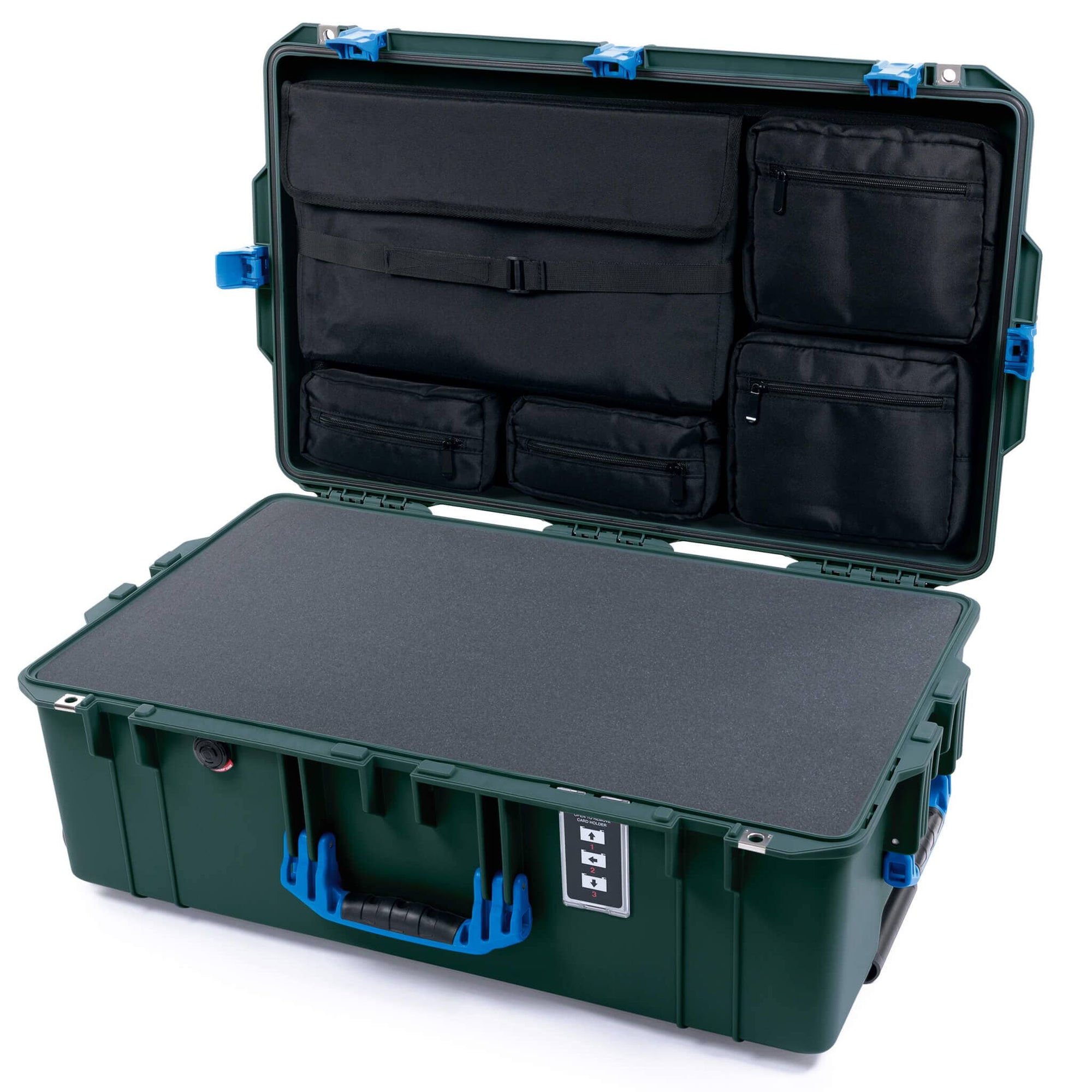 Pelican 1595 Air Case, Trekking Green with Blue Handles & Latches Pick & Pluck Foam with Laptop Computer Lid Pouch ColorCase 015950-0201-560-121