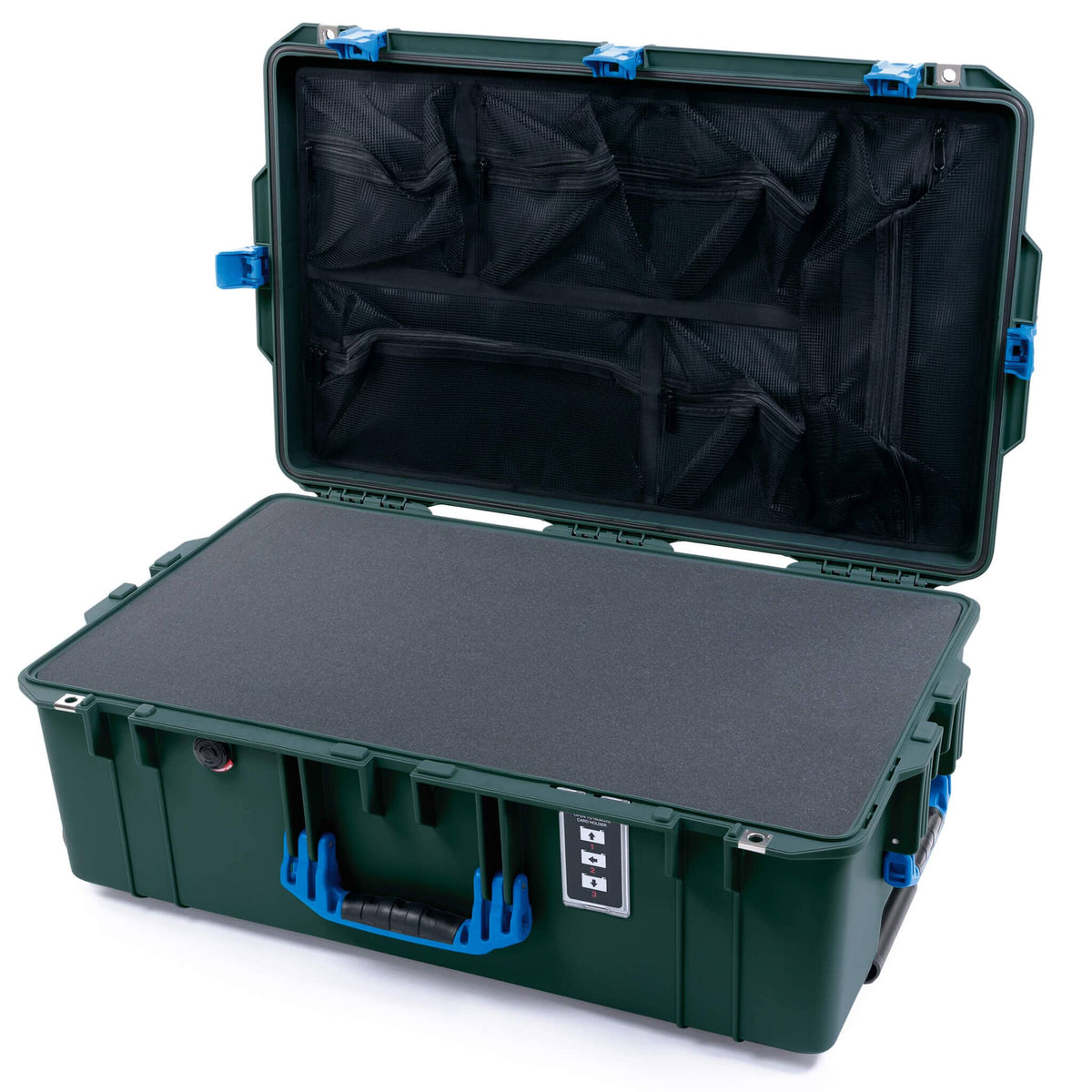 Pelican 1595 Air Case, Trekking Green with Blue Handles &amp; Latches Pick &amp; Pluck Foam with Mesh Lid Organizer ColorCase 015950-0101-560-121