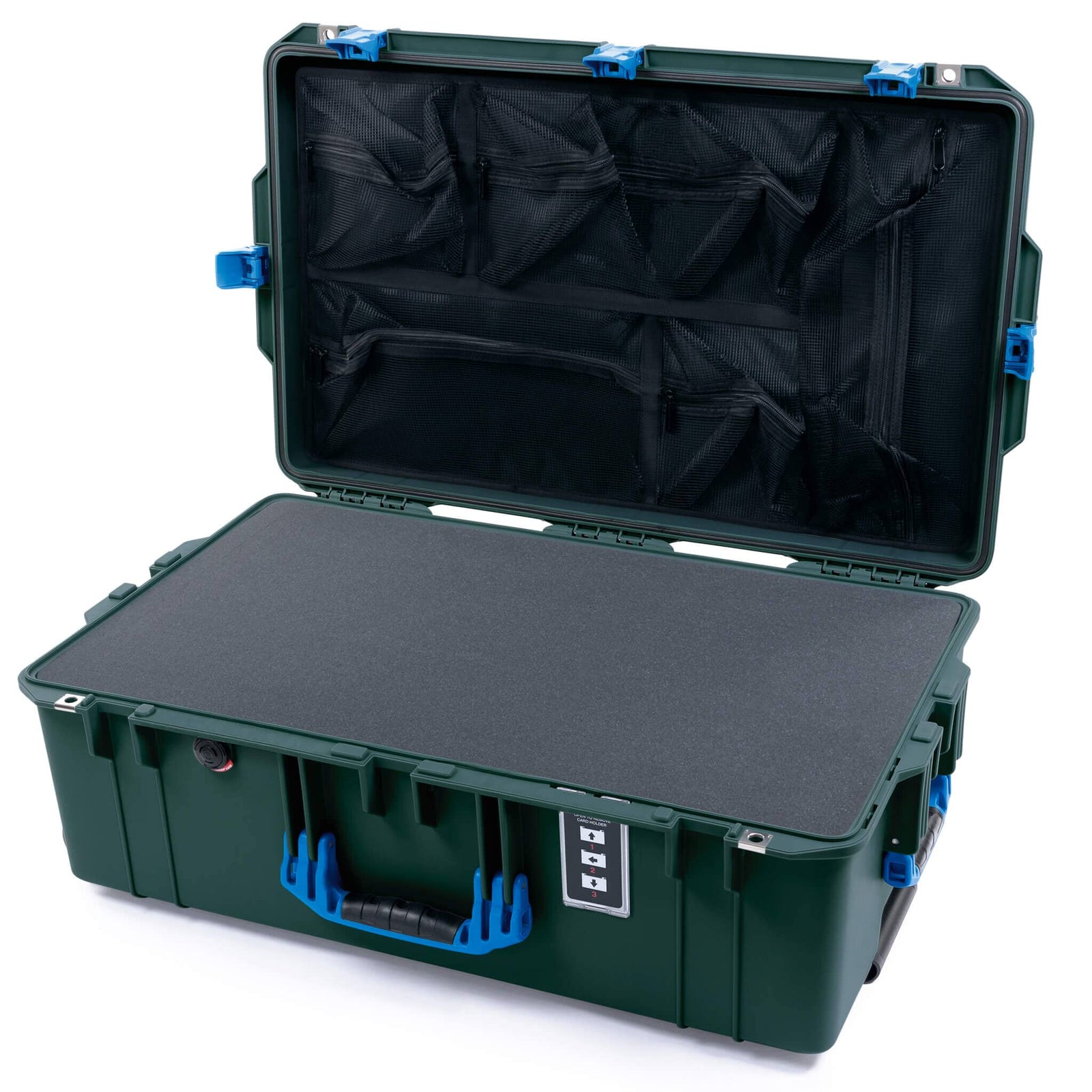 Pelican 1595 Air Case, Trekking Green with Blue Handles & Latches Pick & Pluck Foam with Mesh Lid Organizer ColorCase 015950-0101-560-121