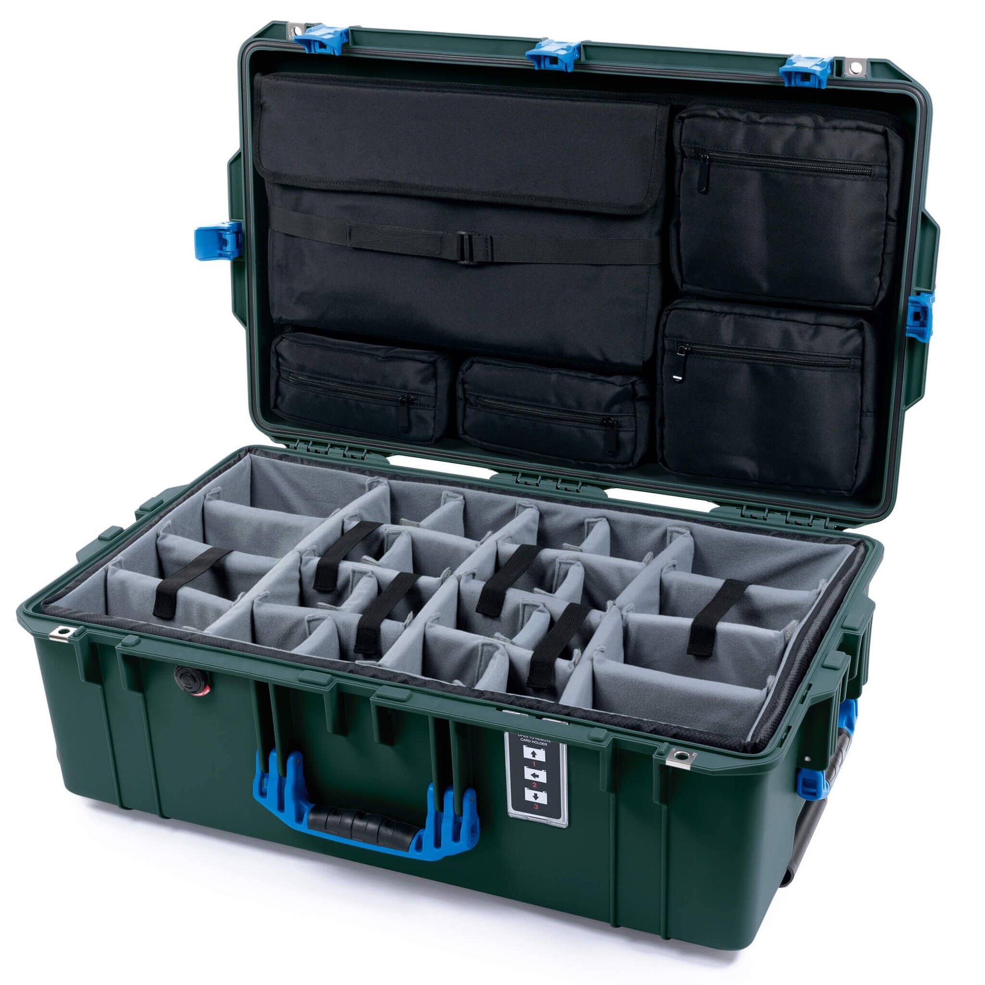 Pelican 1595 Air Case, Trekking Green with Blue Handles & Latches Gray Padded Microfiber Dividers with Laptop Computer Lid Pouch ColorCase 015950-0270-560-121