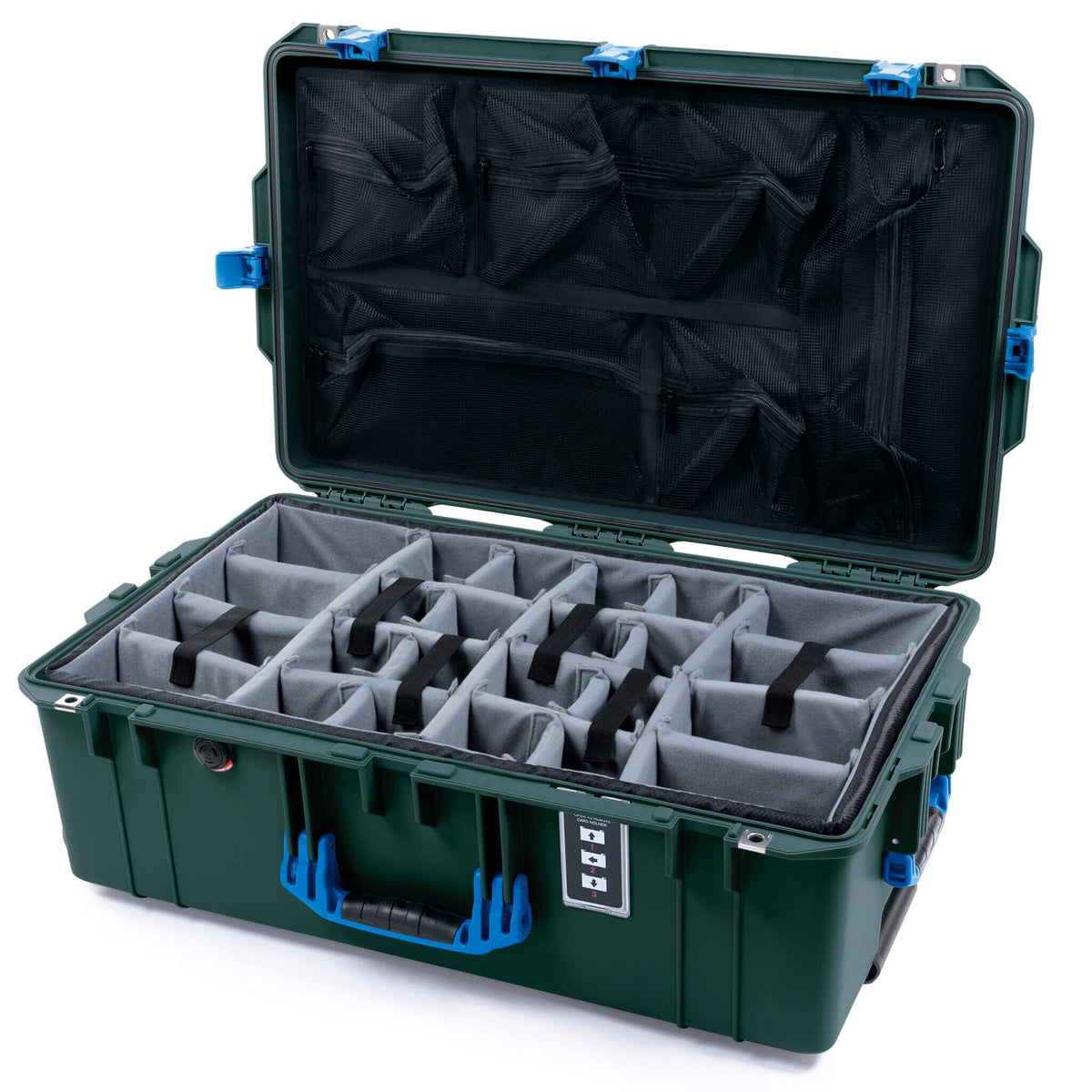 Pelican 1595 Air Case, Trekking Green with Blue Handles &amp; Latches Gray Padded Microfiber Dividers with Mesh Lid Organizer ColorCase 015950-0170-560-121