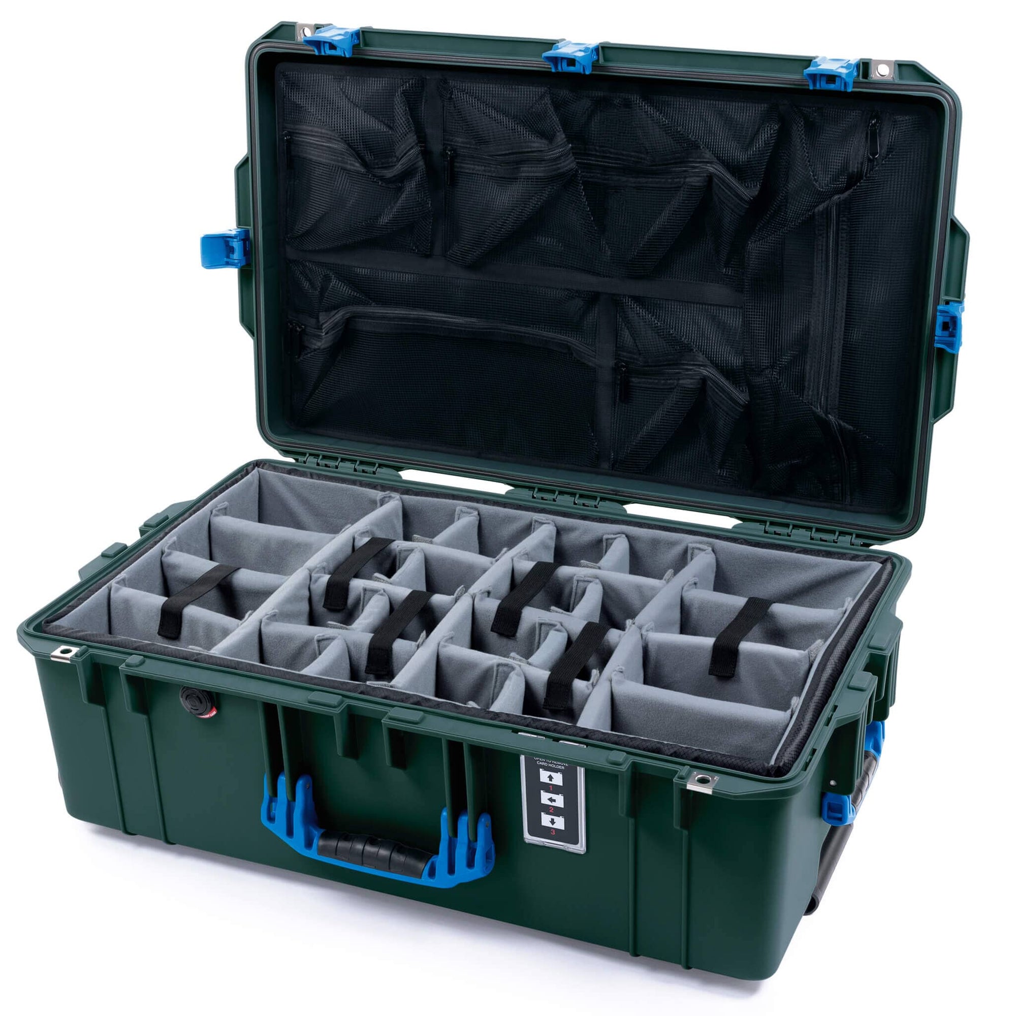 Pelican 1595 Air Case, Trekking Green with Blue Handles & Latches Gray Padded Microfiber Dividers with Mesh Lid Organizer ColorCase 015950-0170-560-121