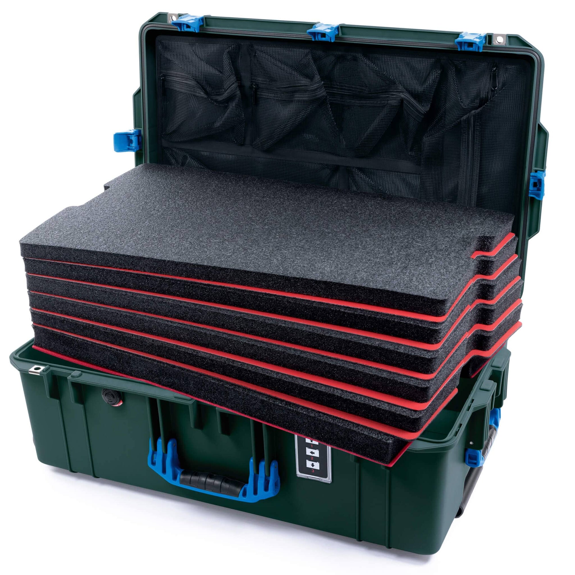 Pelican 1595 Air Case, Trekking Green with Blue Handles & Latches Custom Tool Kit (6 Foam Inserts with Mesh Lid Organizer ColorCase 015950-0160-560-121