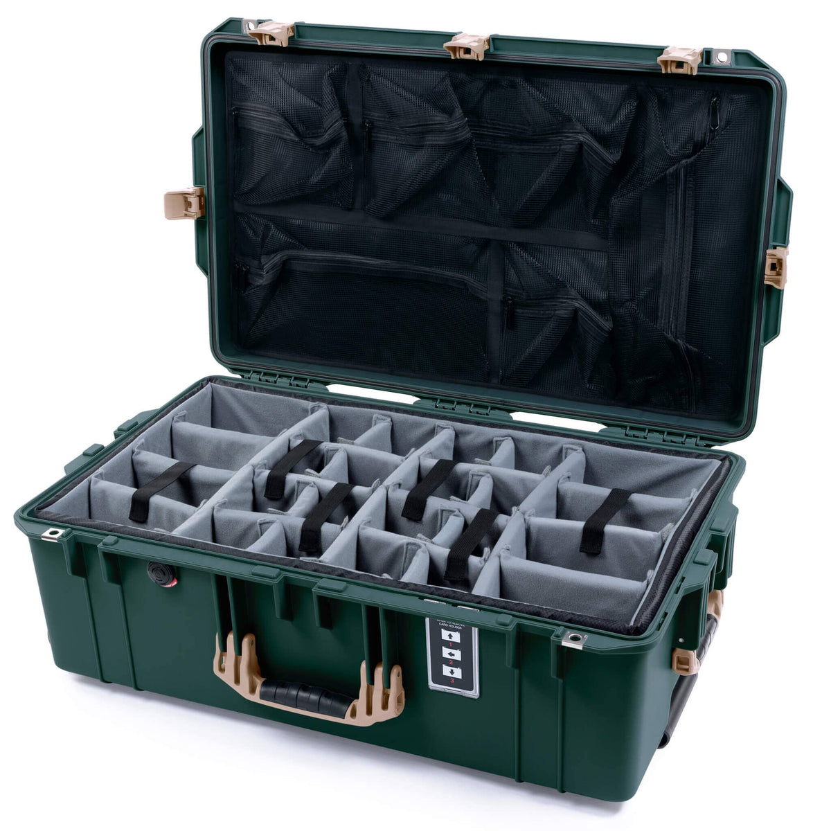 Pelican 1595 Air Case, Trekking Green with Desert Tan Handles &amp; Latches Gray Padded Microfiber Dividers with Mesh Lid Organizer ColorCase 015950-0170-560-311