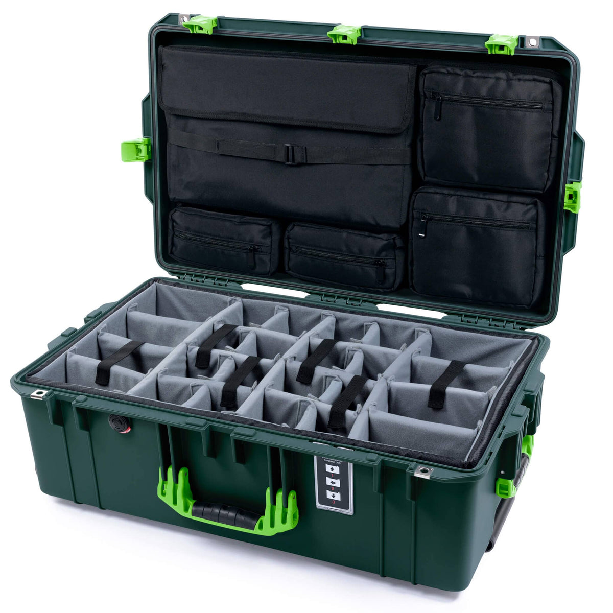 Pelican 1595 Air Case, Trekking Green with Lime Green Handles &amp; Latches Gray Padded Microfiber Dividers with Laptop Computer Lid Pouch ColorCase 015950-0270-560-301