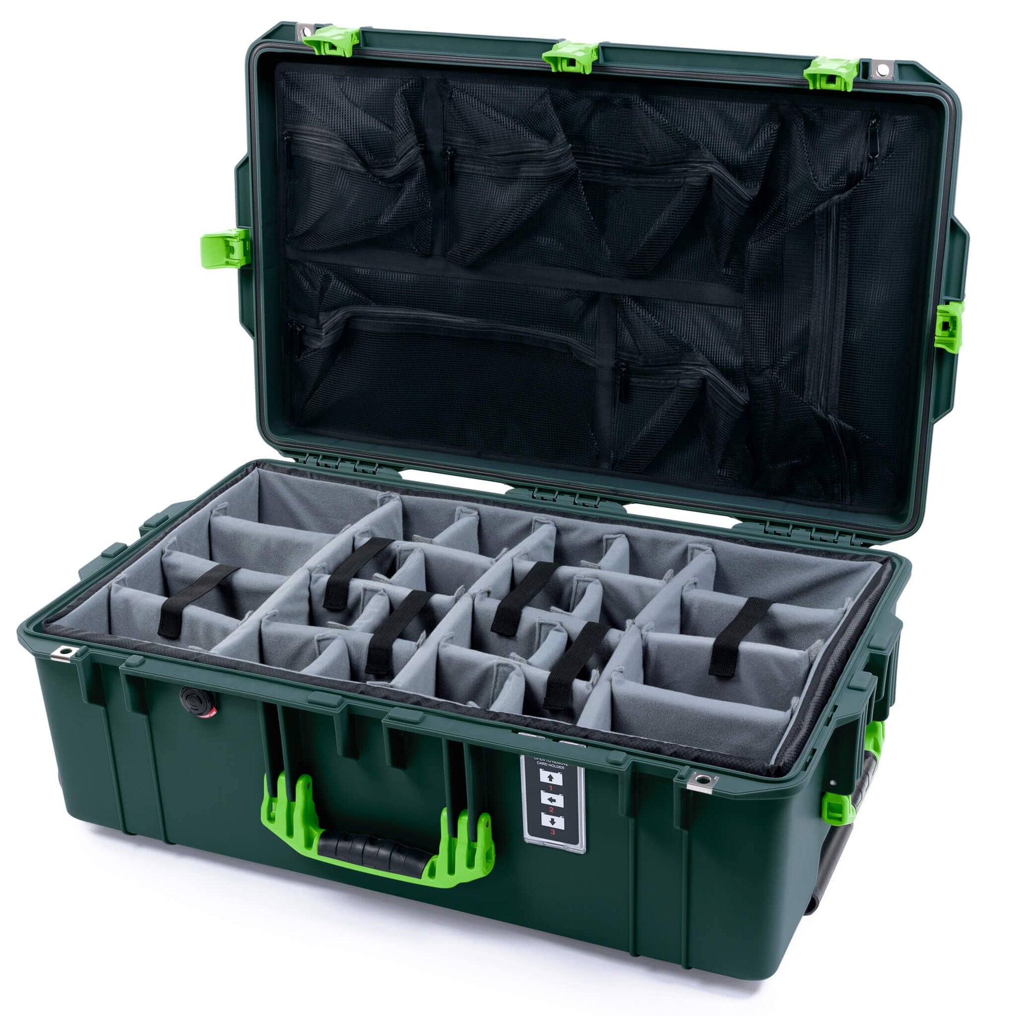 Pelican 1595 Air Case, Trekking Green with Lime Green Handles & Latches Gray Padded Microfiber Dividers with Mesh Lid Organizer ColorCase 015950-0170-560-301