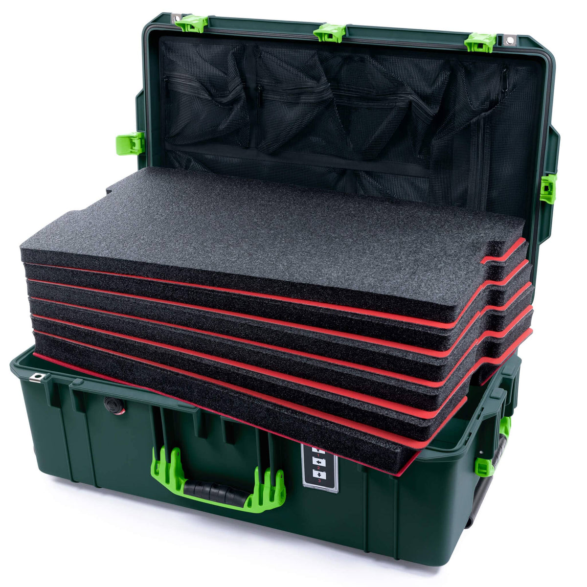 Pelican 1595 Air Case, Trekking Green with Lime Green Handles &amp; Latches Custom Tool Kit (6 Foam Inserts with Mesh Lid Organizer ColorCase 015950-0160-560-301
