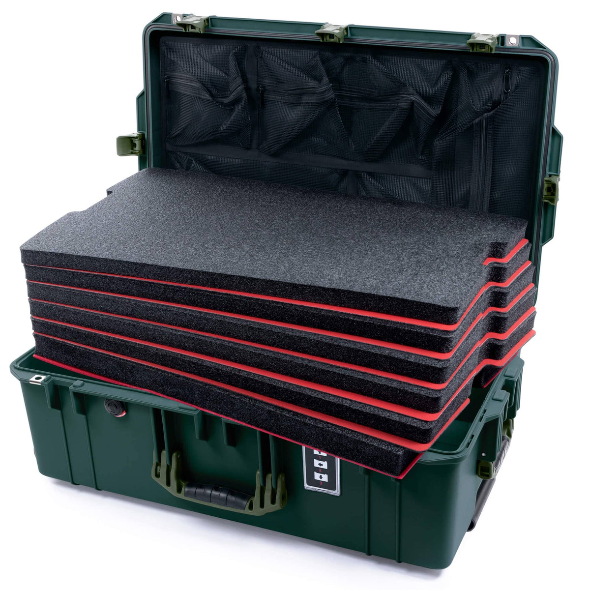 Pelican 1595 Air Case, Trekking Green with OD Green Handles &amp; Latches Custom Tool Kit (6 Foam Inserts with Mesh Lid Organizer ColorCase 015950-0160-560-131