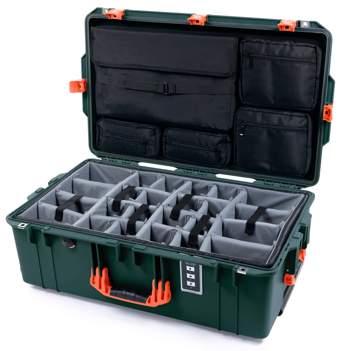 Pelican 1595 Air Case, Trekking Green with Orange Handles &amp; Latches Gray Padded Microfiber Dividers with Laptop Computer Lid Pouch ColorCase 015950-0270-560-151