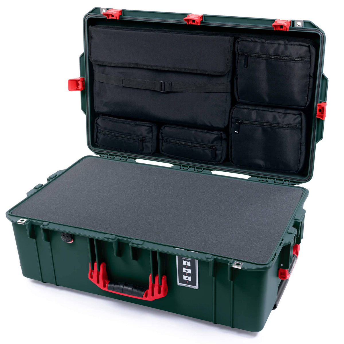 Pelican 1595 Air Case, Trekking Green with Red Handles &amp; Latches Pick &amp; Pluck Foam with Laptop Computer Lid Pouch ColorCase 015950-0201-560-321