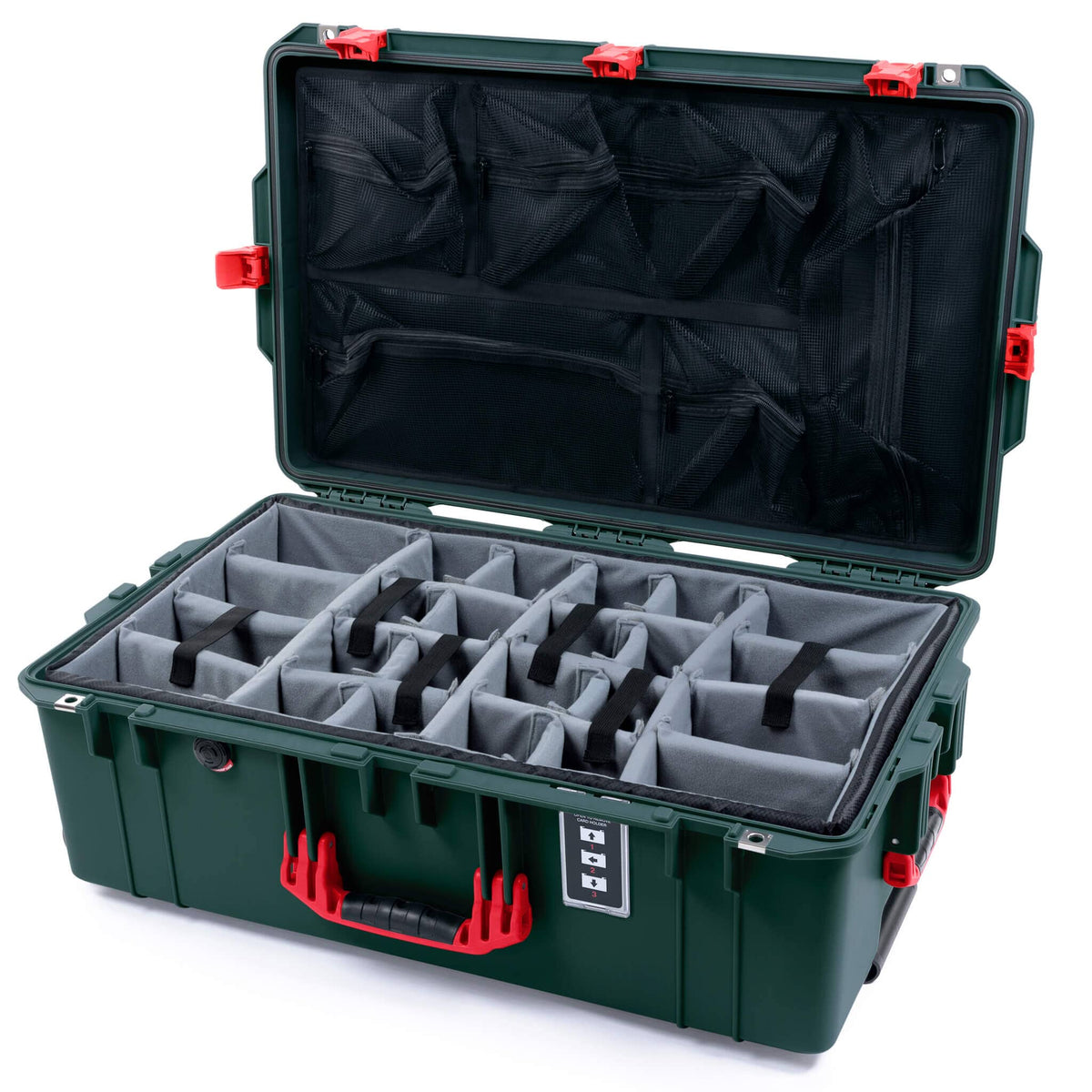 Pelican 1595 Air Case, Trekking Green with Red Handles &amp; Latches Gray Padded Microfiber Dividers with Mesh Lid Organizer ColorCase 015950-0170-560-321