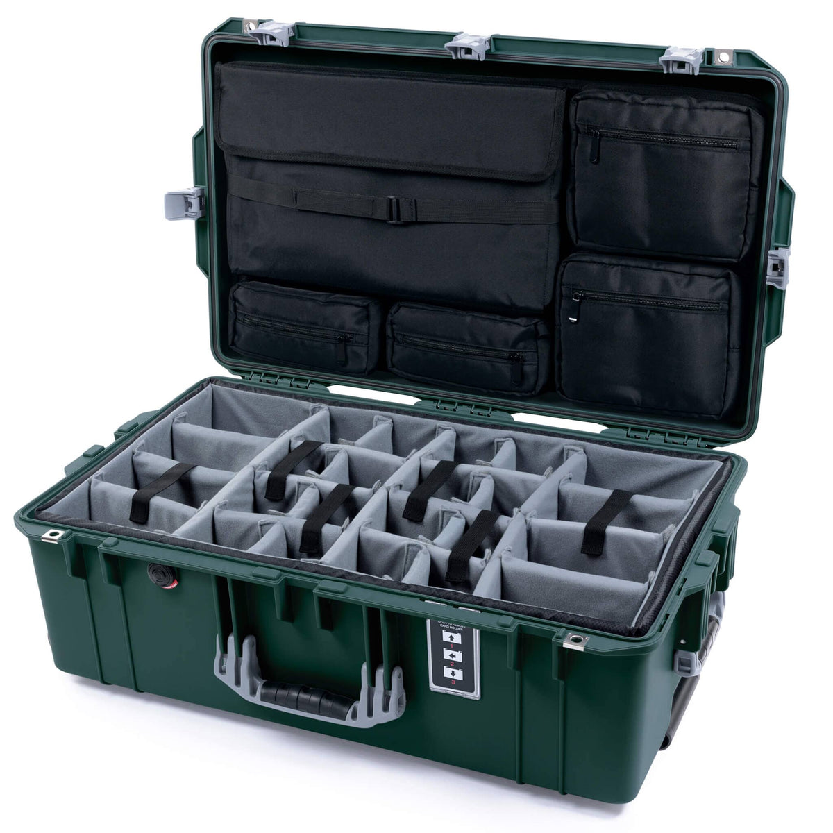 Pelican 1595 Air Case, Trekking Green with Silver Handles &amp; Latches Gray Padded Microfiber Dividers with Laptop Computer Lid Pouch ColorCase 015950-0270-560-181