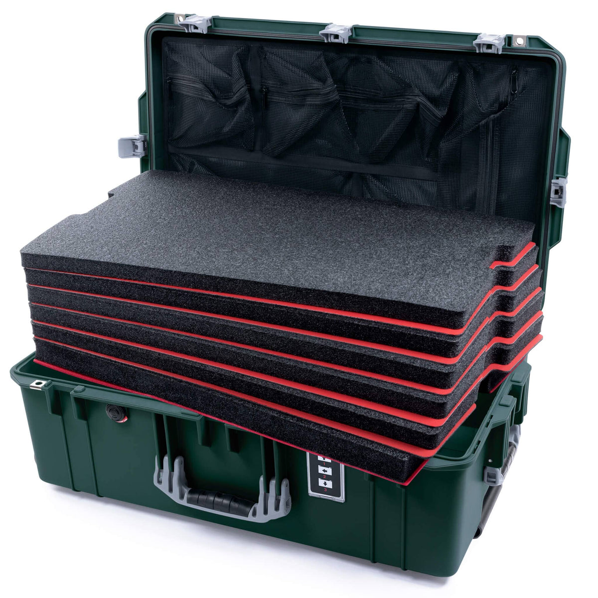 Pelican 1595 Air Case, Trekking Green with Silver Handles &amp; Latches Custom Tool Kit (6 Foam Inserts with Mesh Lid Organizer ColorCase 015950-0160-560-181