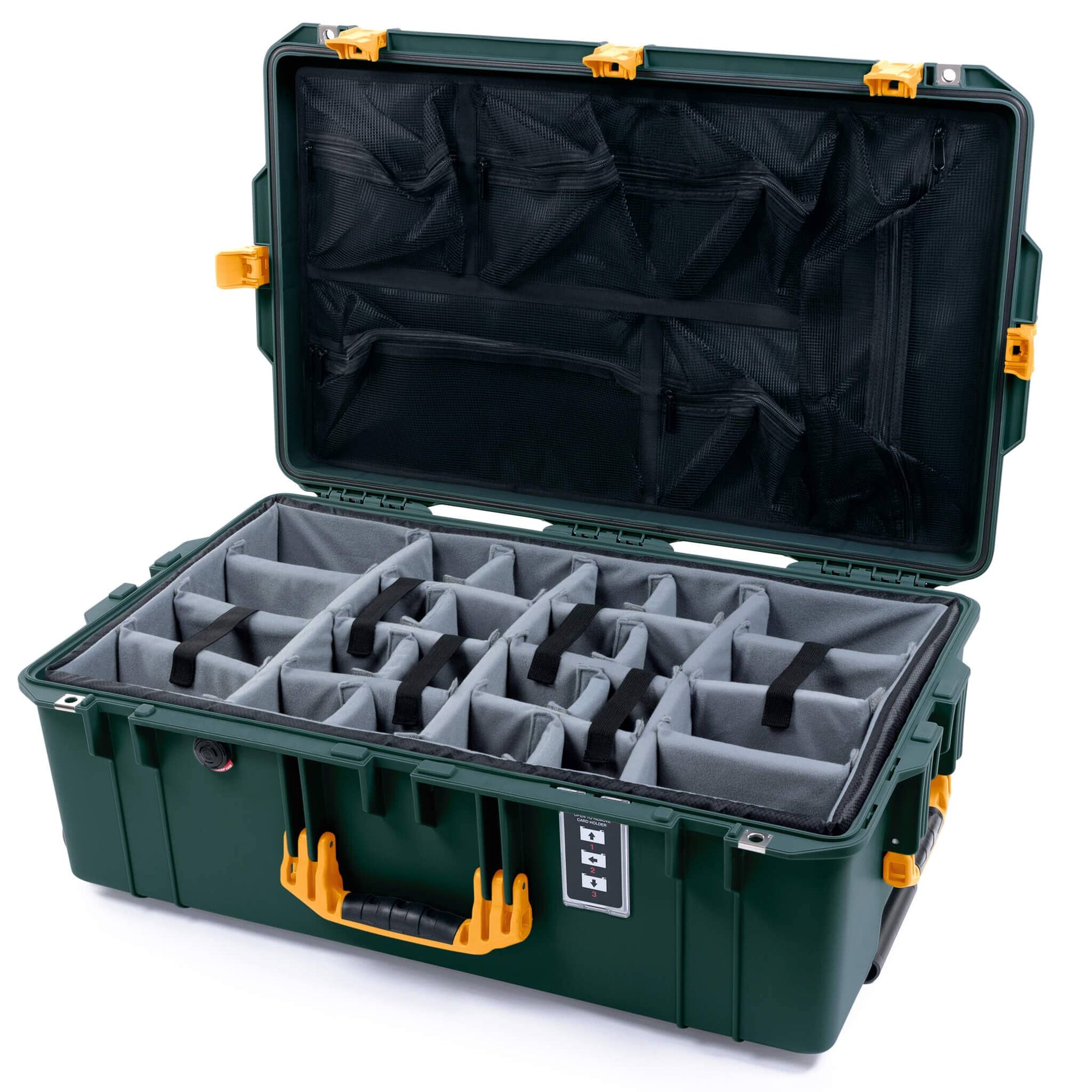 Pelican 1595 Air Case, Trekking Green with Yellow Handles & Latches Gray Padded Microfiber Dividers with Mesh Lid Organizer ColorCase 015950-0170-560-241
