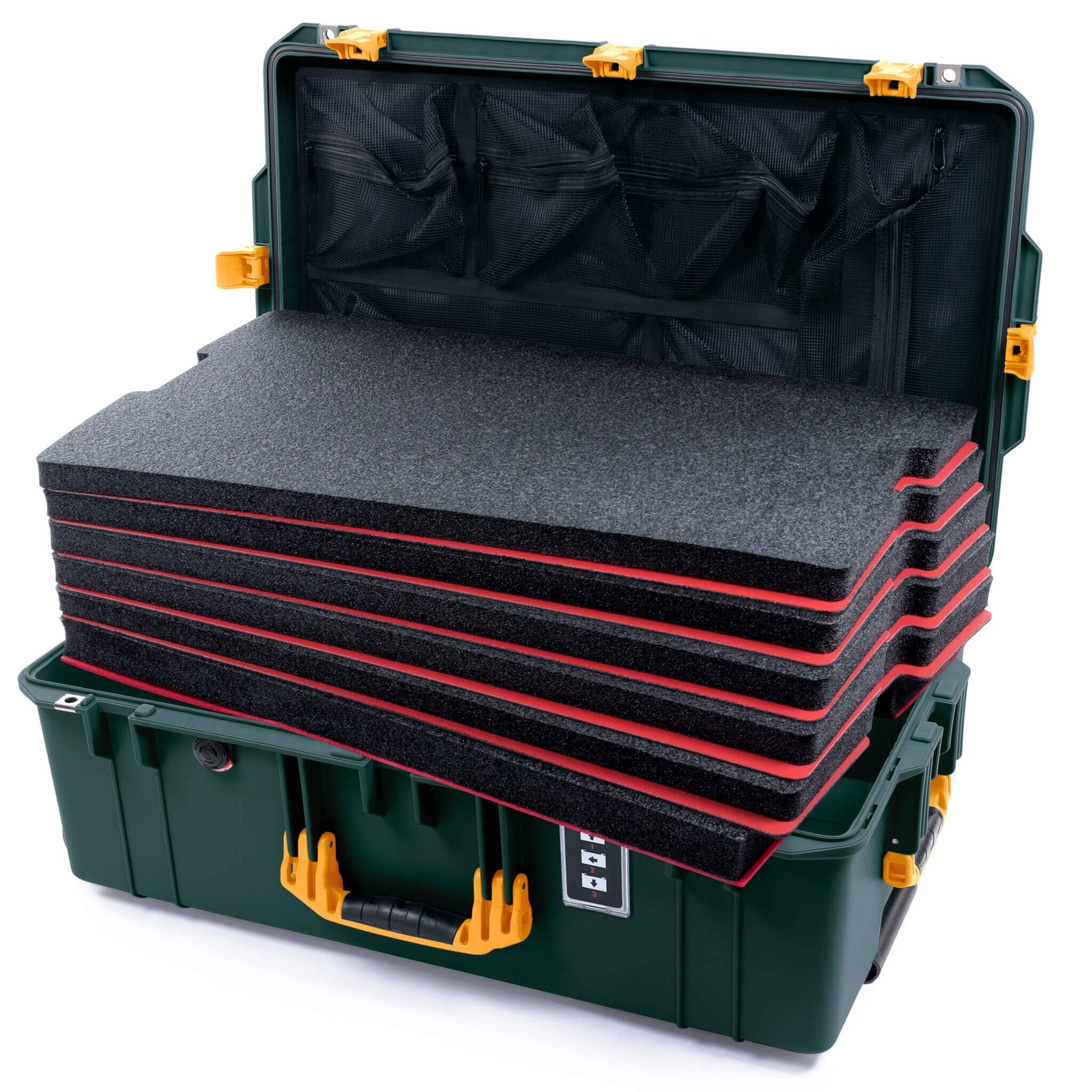 Pelican 1595 Air Case, Trekking Green with Yellow Handles & Latches Custom Tool Kit (6 Foam Inserts with Mesh Lid Organizer ColorCase 015950-0160-560-241