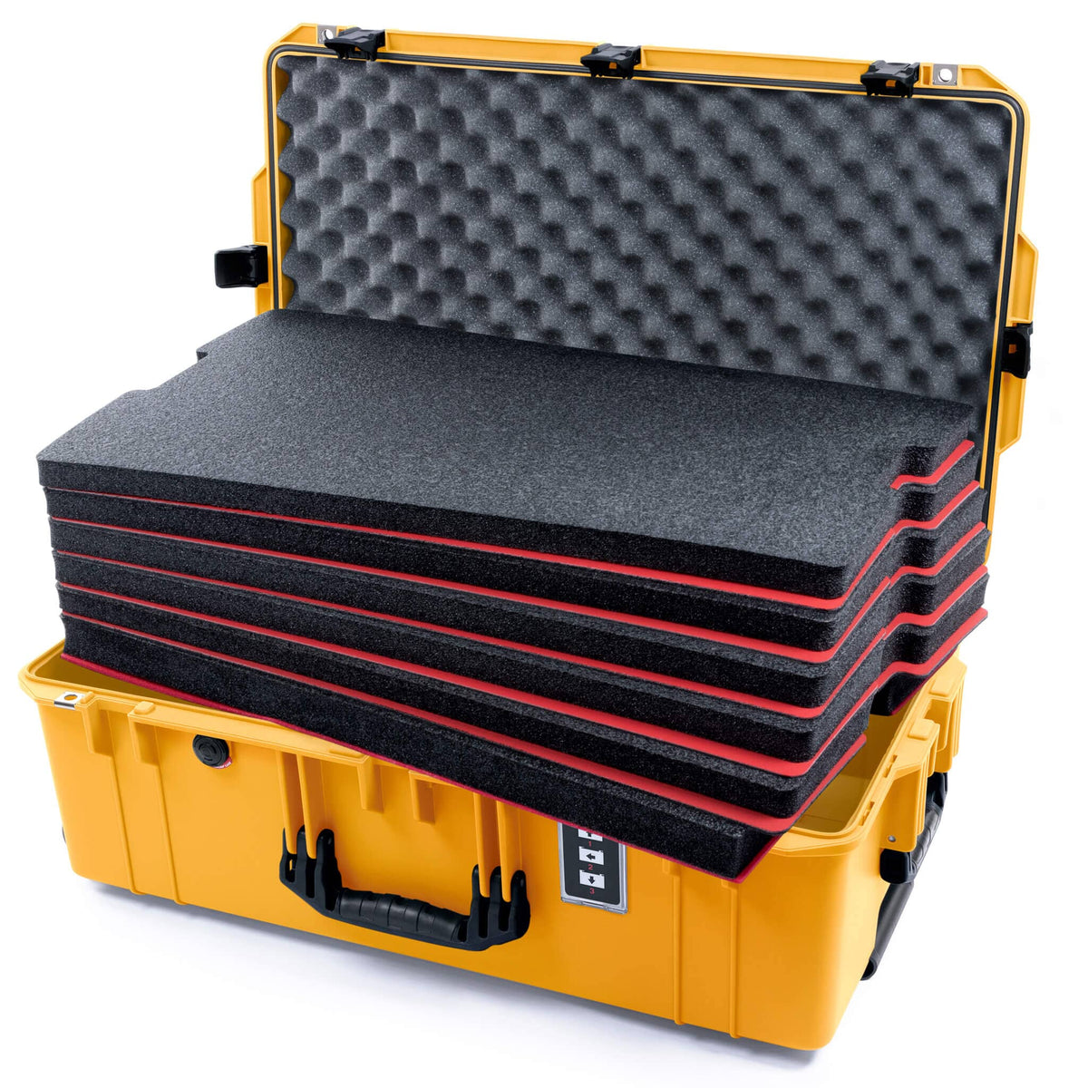 Pelican 1595 Air Case, Yellow with Black Handles &amp; Push-Button Latches Custom Tool Kit (6 Foam Inserts with Convoluted Lid Foam) ColorCase 015950-0060-240-110