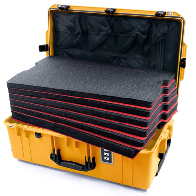 Pelican 1595 Air Case, Yellow with Black Handles & Push-Button Latches Custom Tool Kit (6 Foam Inserts with Mesh Lid Organizer) ColorCase 015950-0160-240-110