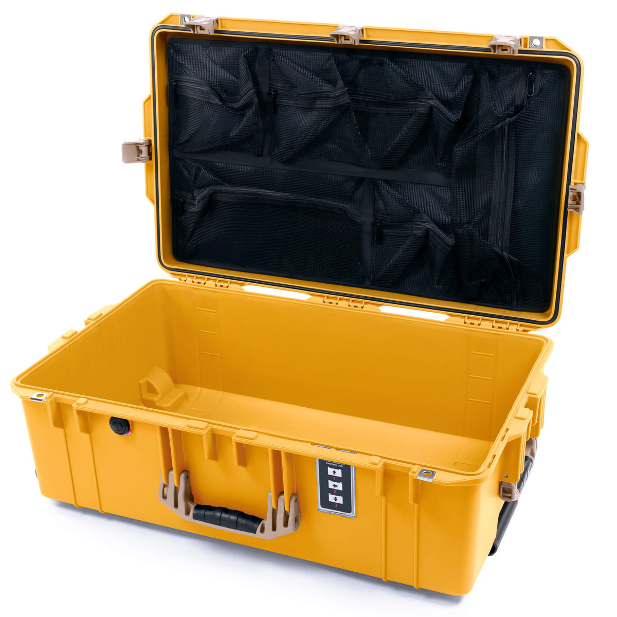 Pelican 1595 Air Case, Yellow with Desert Tan Handles &amp; Latches Mesh Lid Organizer Only ColorCase 015950-0100-240-311
