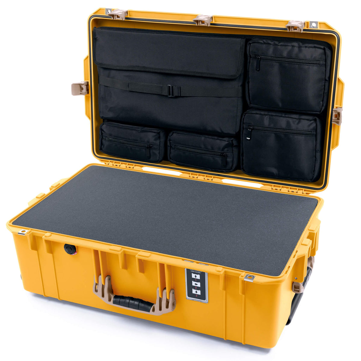 Pelican 1595 Air Case, Yellow with Desert Tan Handles &amp; Latches Pick &amp; Pluck Foam with Laptop Computer Lid Pouch ColorCase 015950-0201-240-311