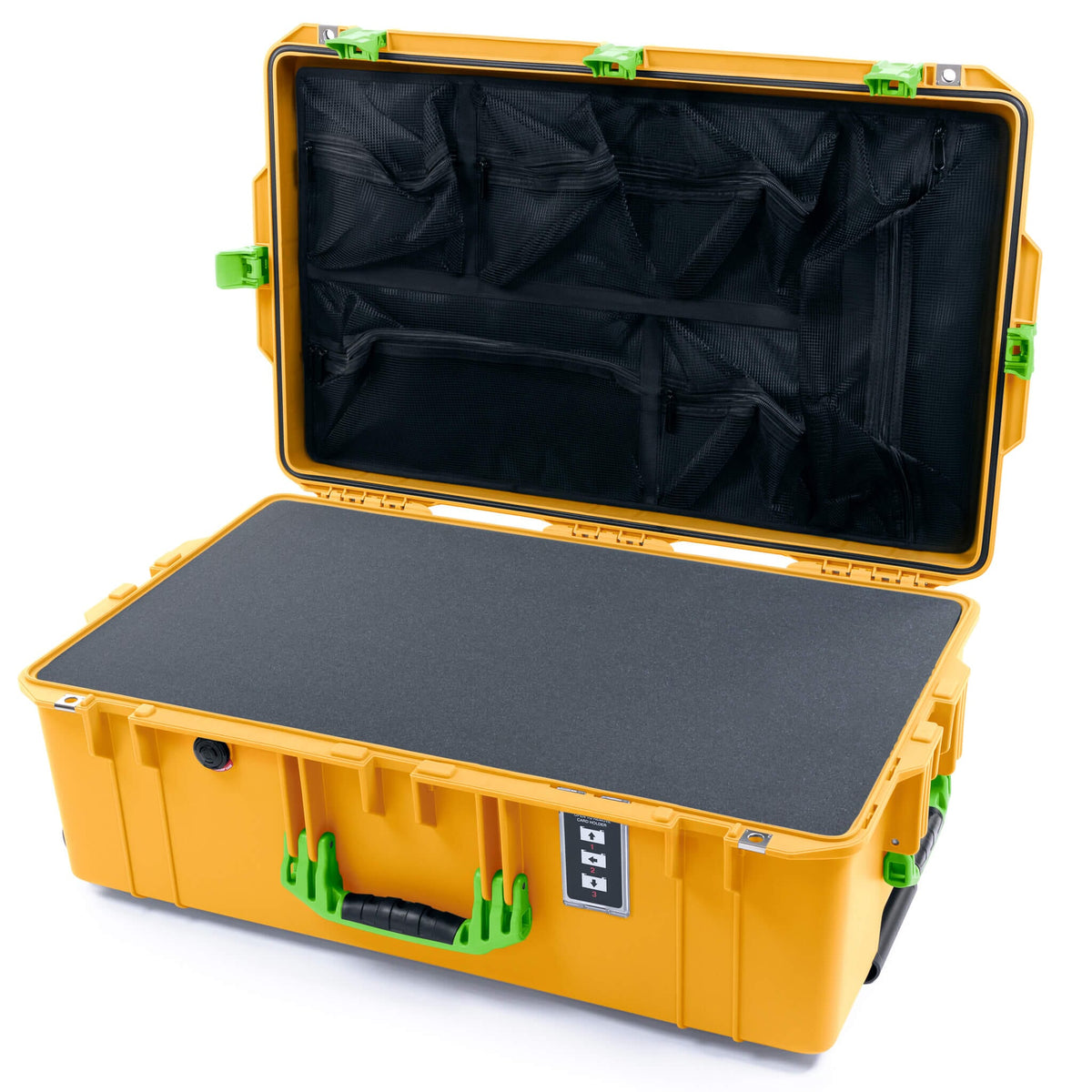 Pelican 1595 Air Case, Yellow with Lime Green Handles &amp; Latches Pick &amp; Pluck Foam with Mesh Lid Organizer ColorCase 015950-0101-240-301