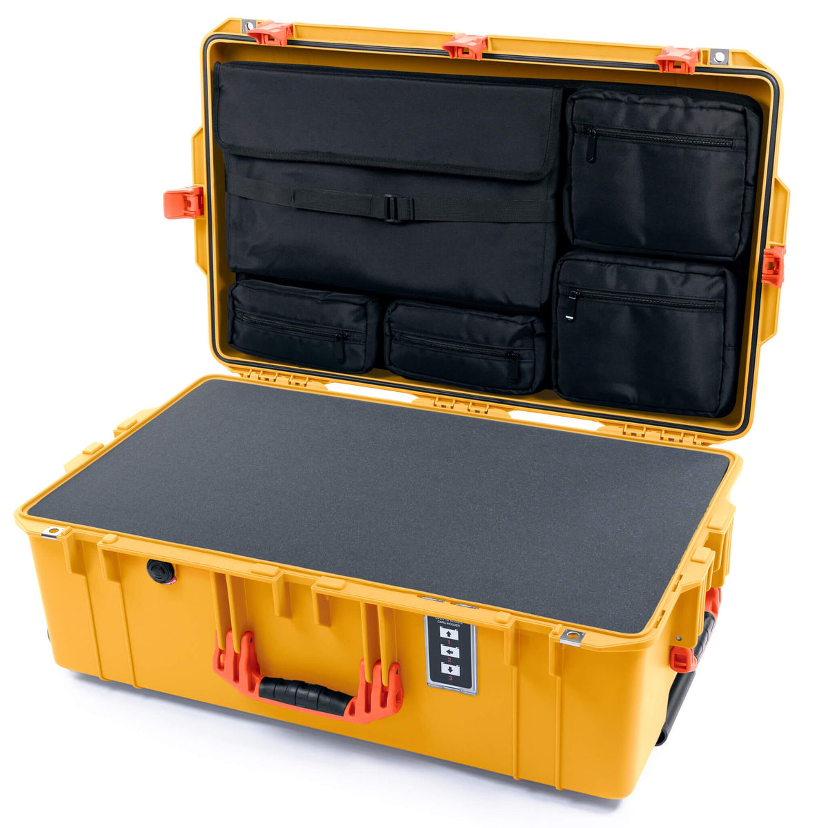 Pelican 1595 Air Case, Yellow with Orange Handles &amp; Push-Button Latches Pick &amp; Pluck Foam with Laptop Computer Lid Pouch ColorCase 015950-0201-240-150