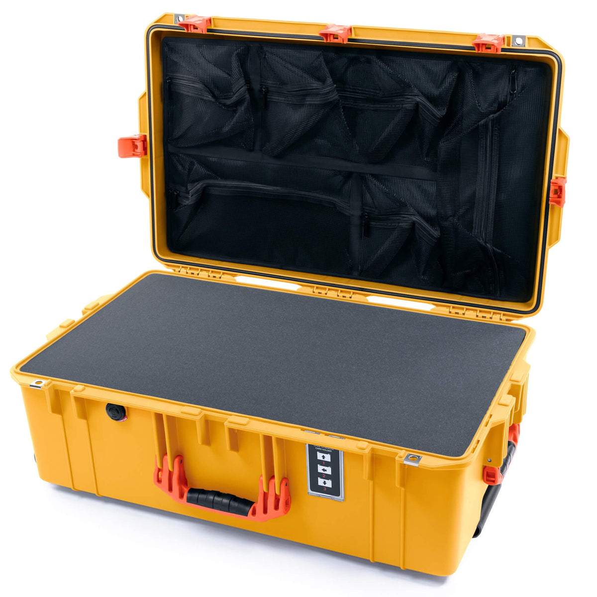 Pelican 1595 Air Case, Yellow with Orange Handles &amp; Push-Button Latches Pick &amp; Pluck Foam with Mesh Lid Organizer ColorCase 015950-0101-240-150