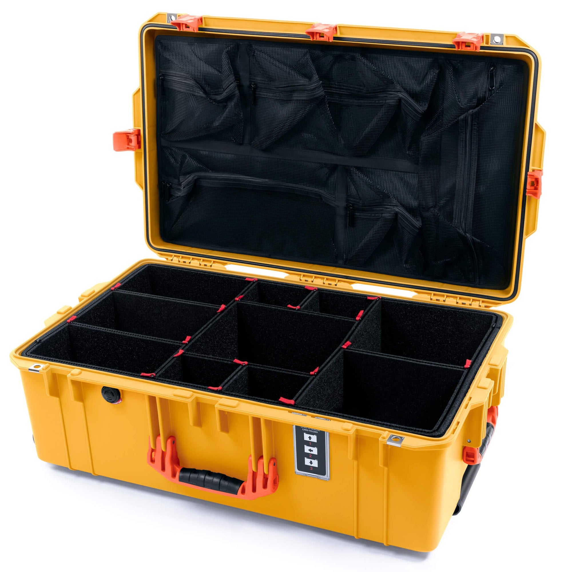 Pelican 1595 Air Case, Yellow with Orange Handles & Push-Button Latches TrekPak Divider System with Mesh Lid Organizer ColorCase 015950-0120-240-150