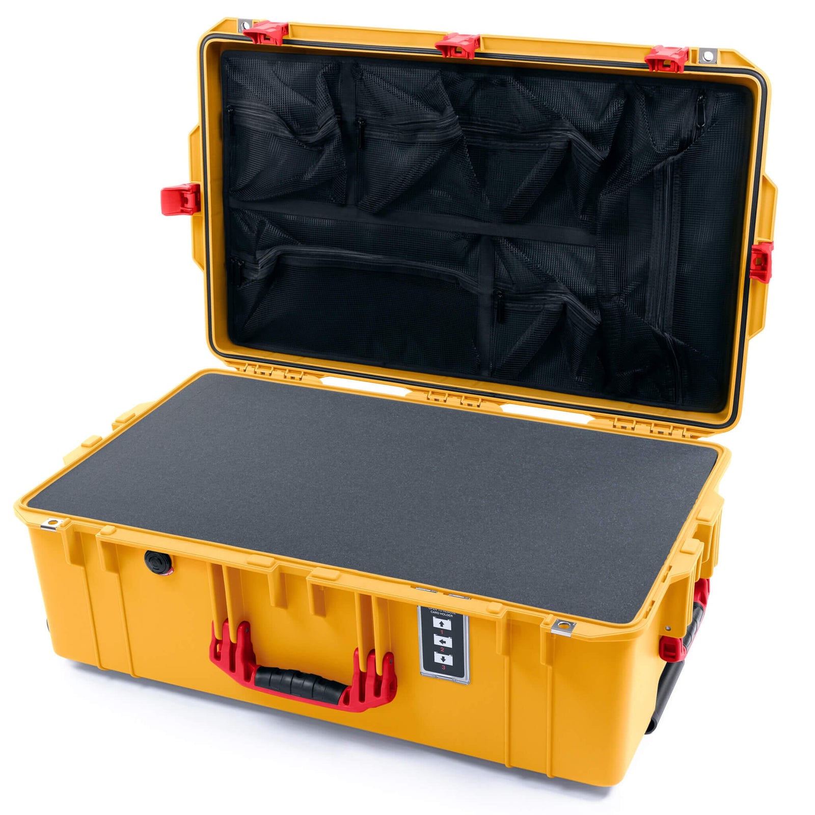Pelican 1595 Air Case, Yellow with Red Handles & Push-Button Latches Pick & Pluck Foam with Mesh Lid Organizer ColorCase 015950-0101-240-321