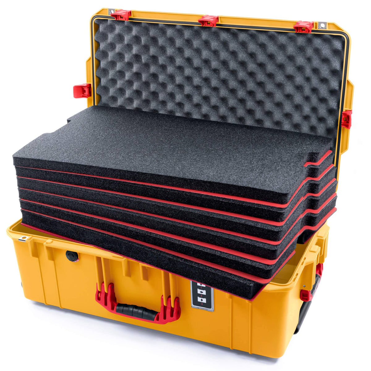Pelican 1595 Air Case, Yellow with Red Handles &amp; Push-Button Latches Custom Tool Kit (6 Foam Inserts with Convoluted Lid Foam) ColorCase 015950-0060-240-321