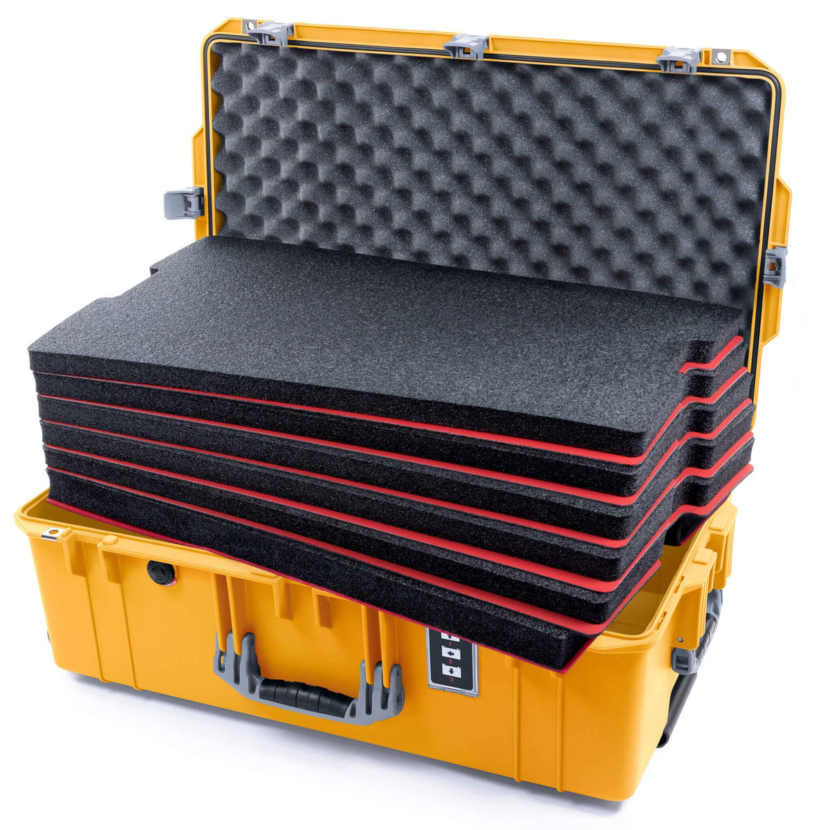 Pelican 1595 Air Case, Yellow with Silver Handles &amp; Push-Button Latches Custom Tool Kit (6 Foam Inserts with Convoluted Lid Foam) ColorCase 015950-0060-240-180