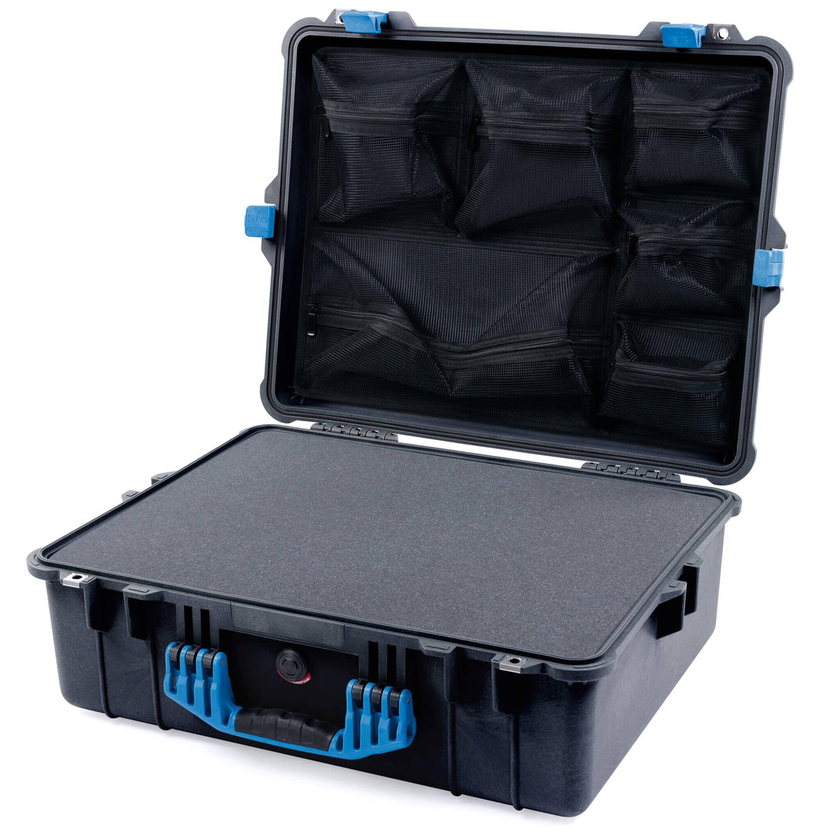 Pelican 1600 Case, Black with Blue Handle &amp; Latches Pick &amp; Pluck Foam with Mesh Lid Organizer ColorCase 016000-0101-110-120