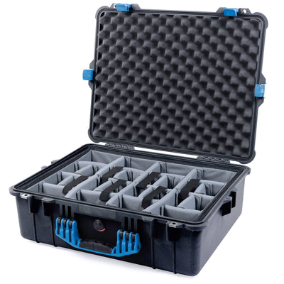 Pelican 1600 Case, Black with Blue Handle & Latches Gray Padded Dividers with Convoluted Lid Foam ColorCase 016000-0070-110-120