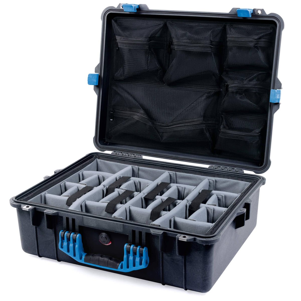 Pelican 1600 Case, Black with Blue Handle &amp; Latches Gray Padded Dividers with Mesh Lid Organizer ColorCase 016000-0170-110-120