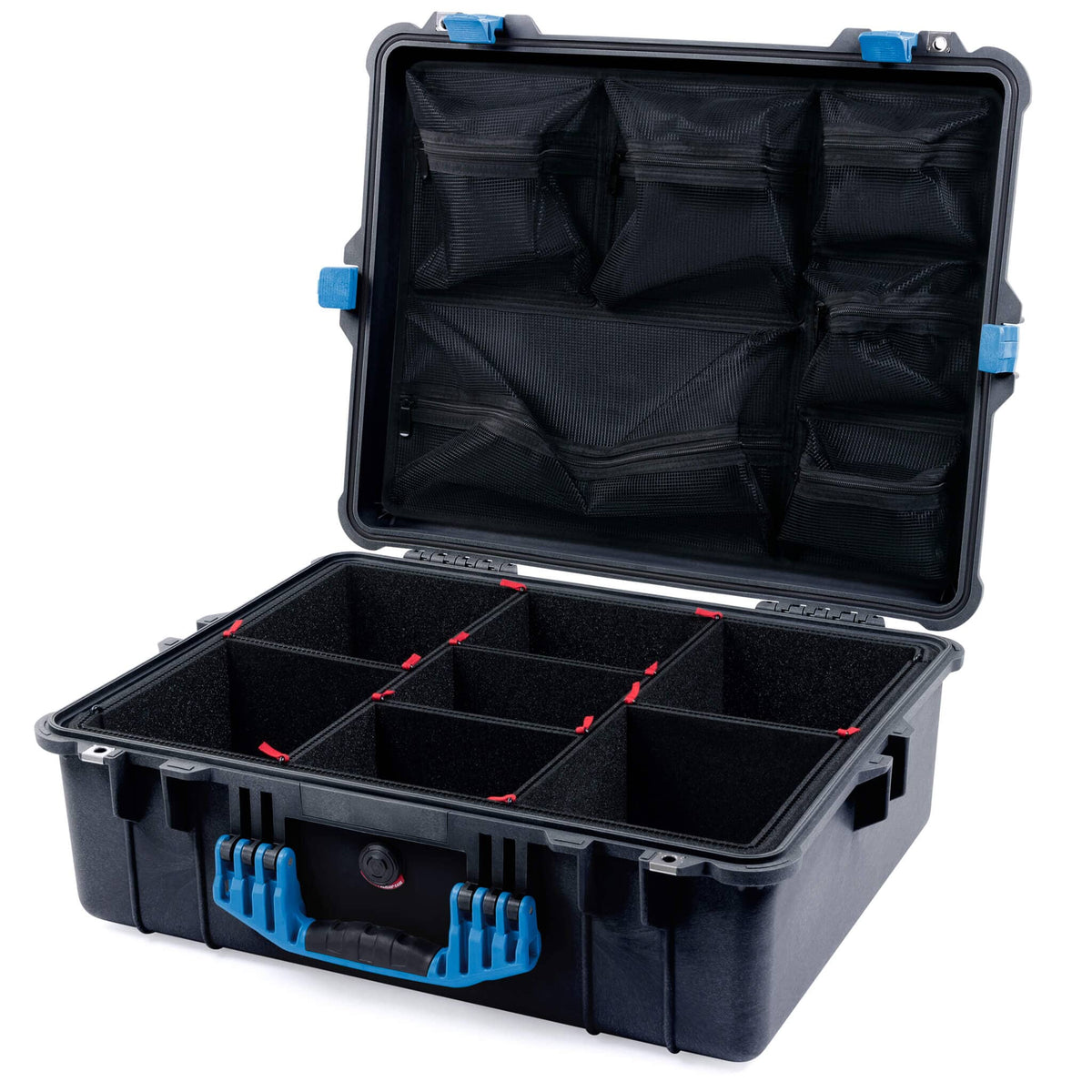 Pelican 1600 Case, Black with Blue Handle &amp; Latches TrekPak Divider System with Mesh Lid Organizer ColorCase 016000-0120-110-120