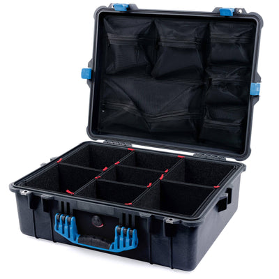 Pelican 1600 Case, Black with Blue Handle & Latches TrekPak Divider System with Mesh Lid Organizer ColorCase 016000-0120-110-120